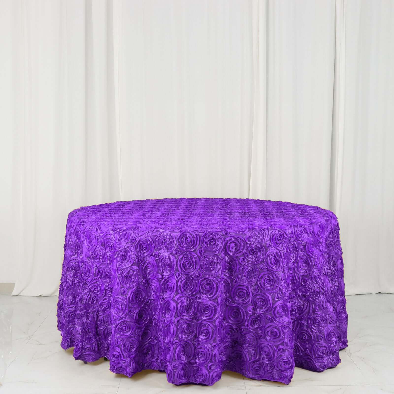 Hot Sale! Purple Satin 120-Inch Round Tablecloth with 3D Rosette and Seamless Finish