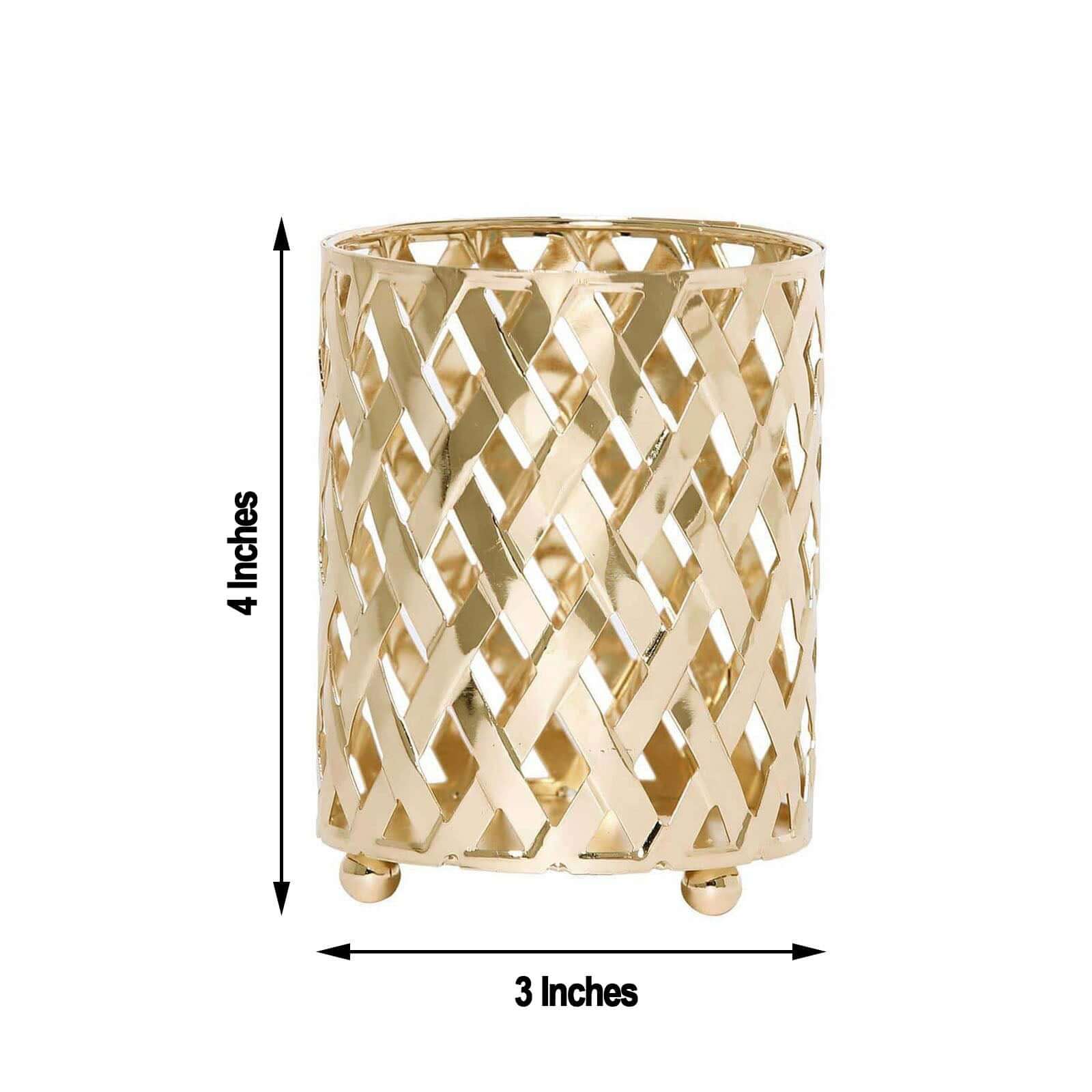 2-Piece Gold Metal Votive Candle Holders with Diamond Cut Geometric Design for Home and Events