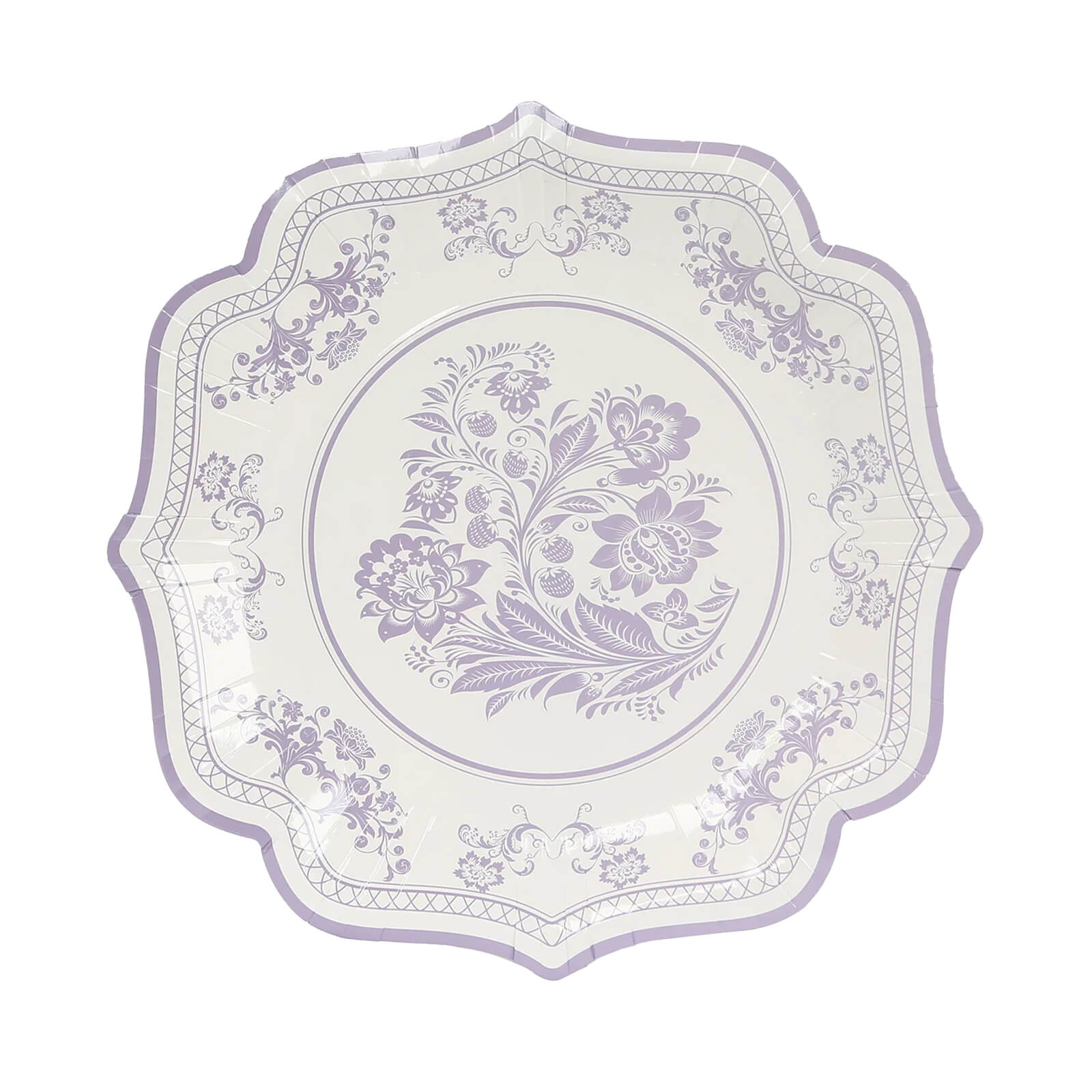 Hot Deal! 25-Pack White & Lavender Lilac Damask Floral Scallop Rim Disposable Paper Dessert Plates (8.5')