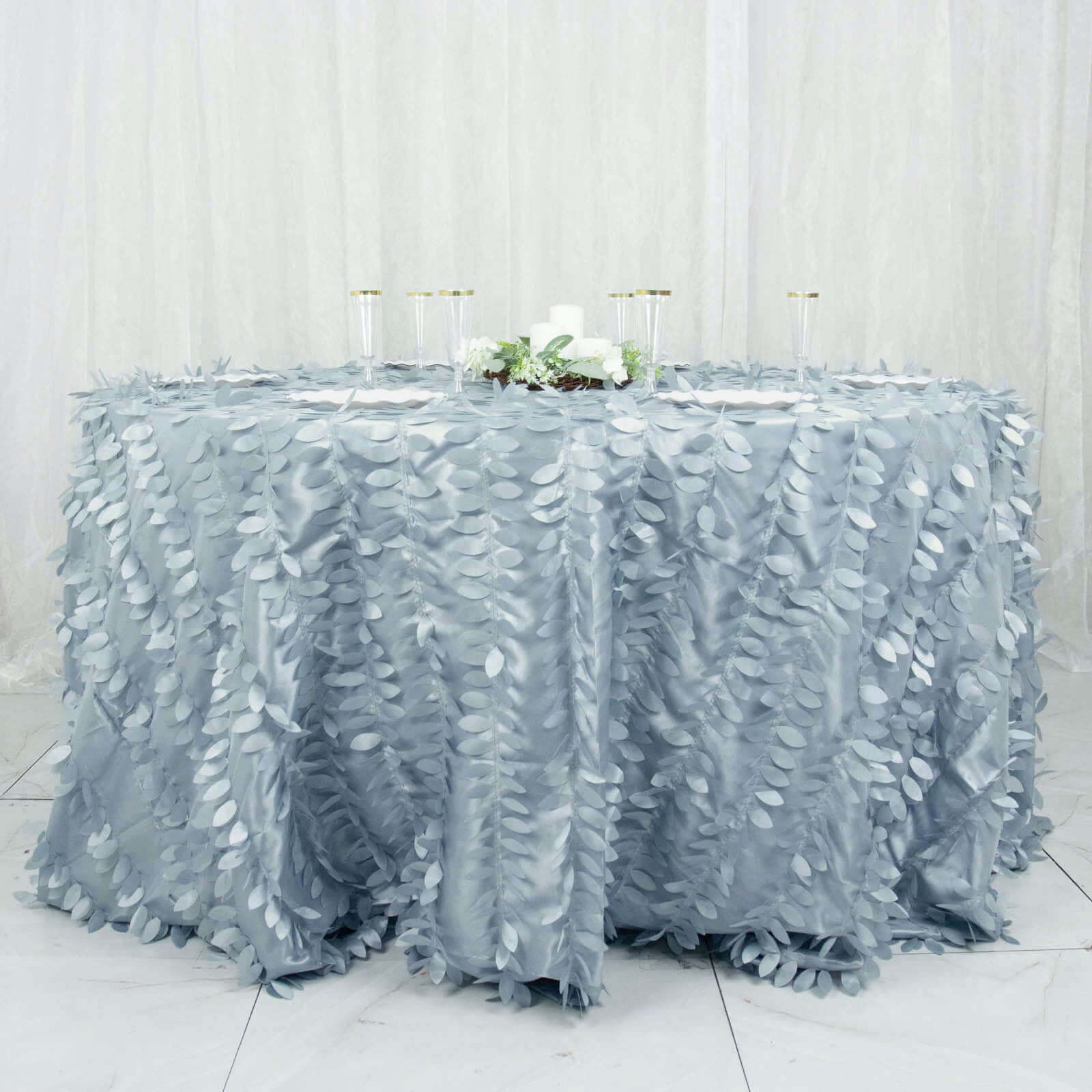 Exclusive Dusty Blue Taffeta 132' Round Tablecloth with 3D Leaf Petal Design