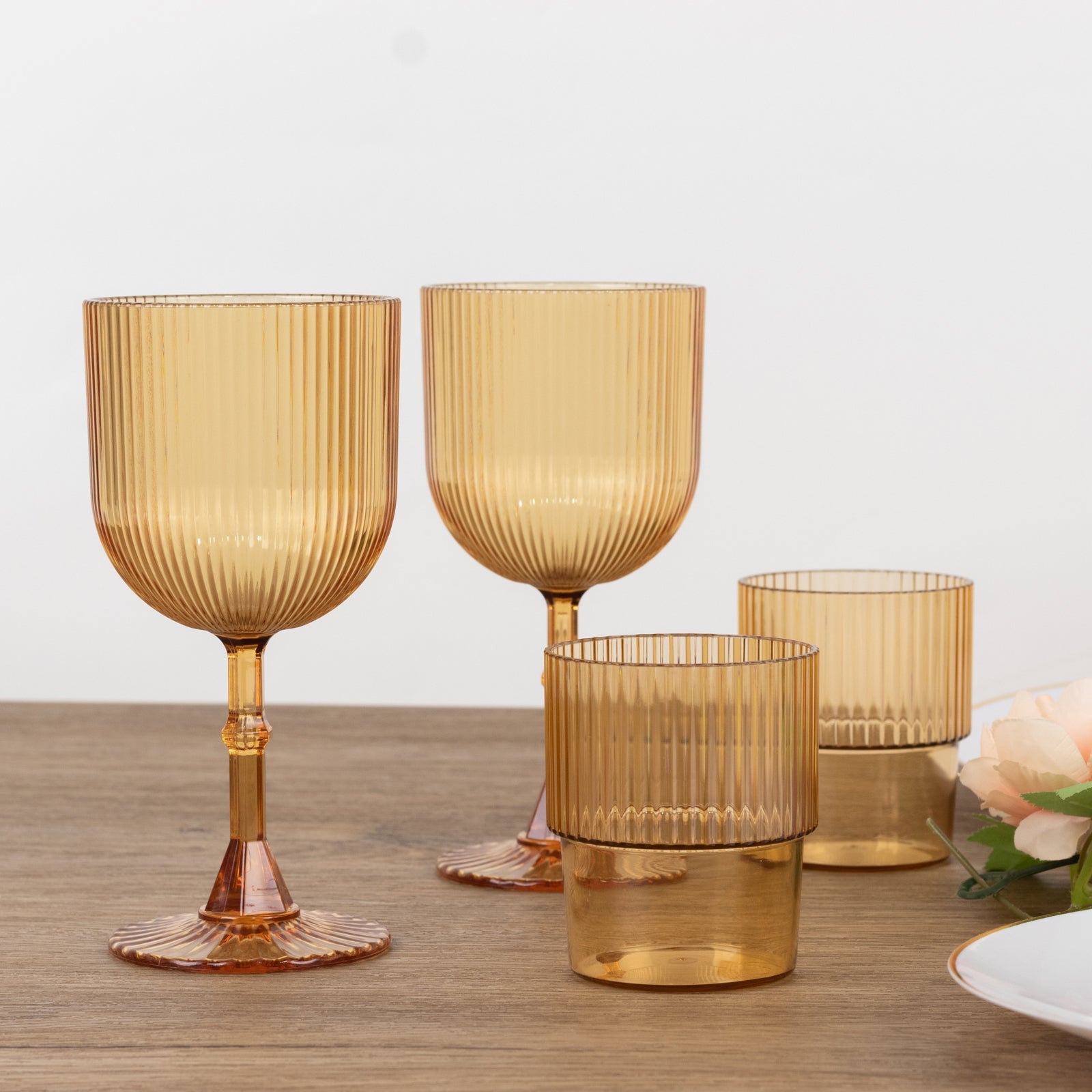 12-Pack Reusable 9oz Amber Gold Vintage Ribbed Plastic Wine Goblets - Shatterproof Glassware