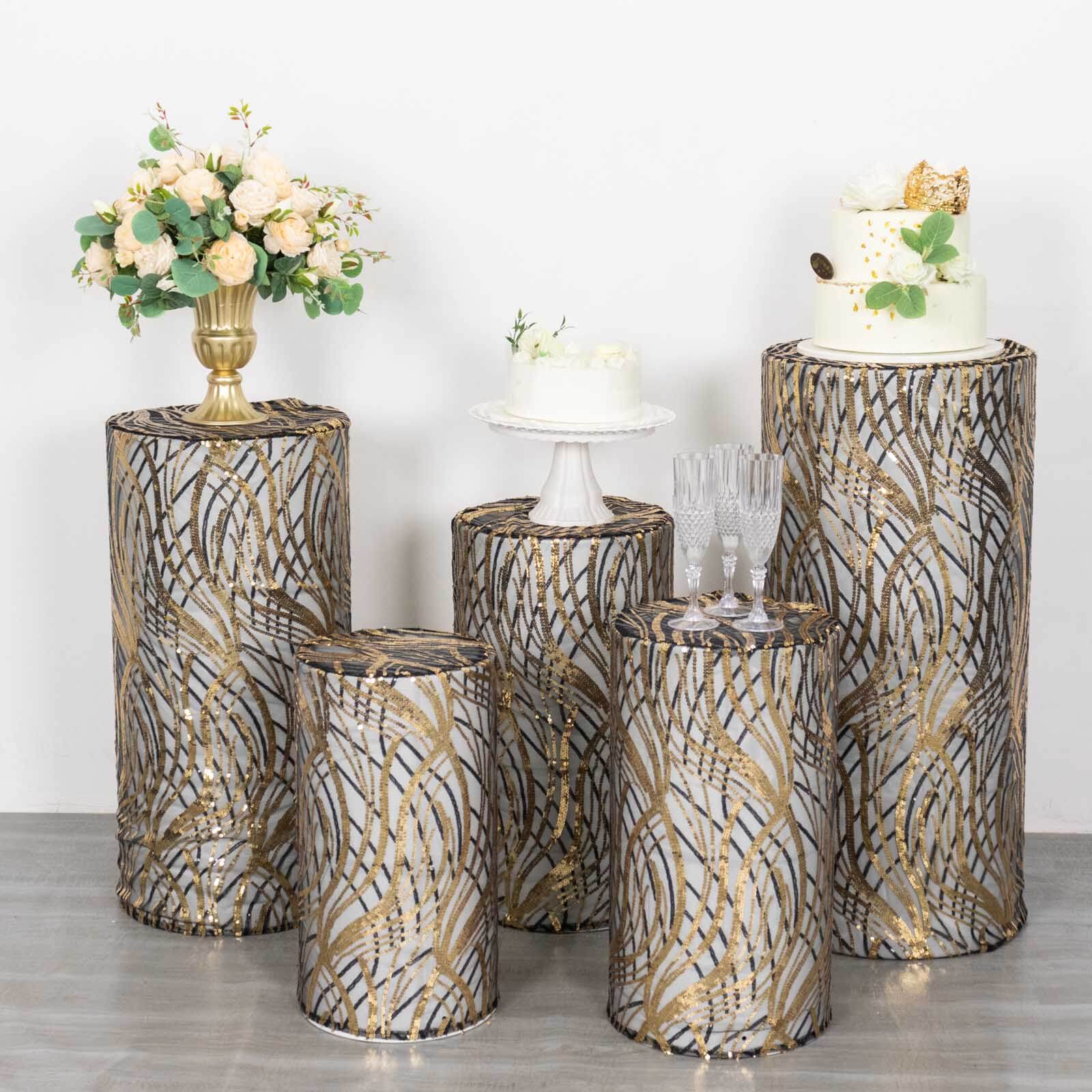 Hot! Set of 5 Embroidered Sequin Black Wave Mesh Cylinder Pedestal Stand Covers