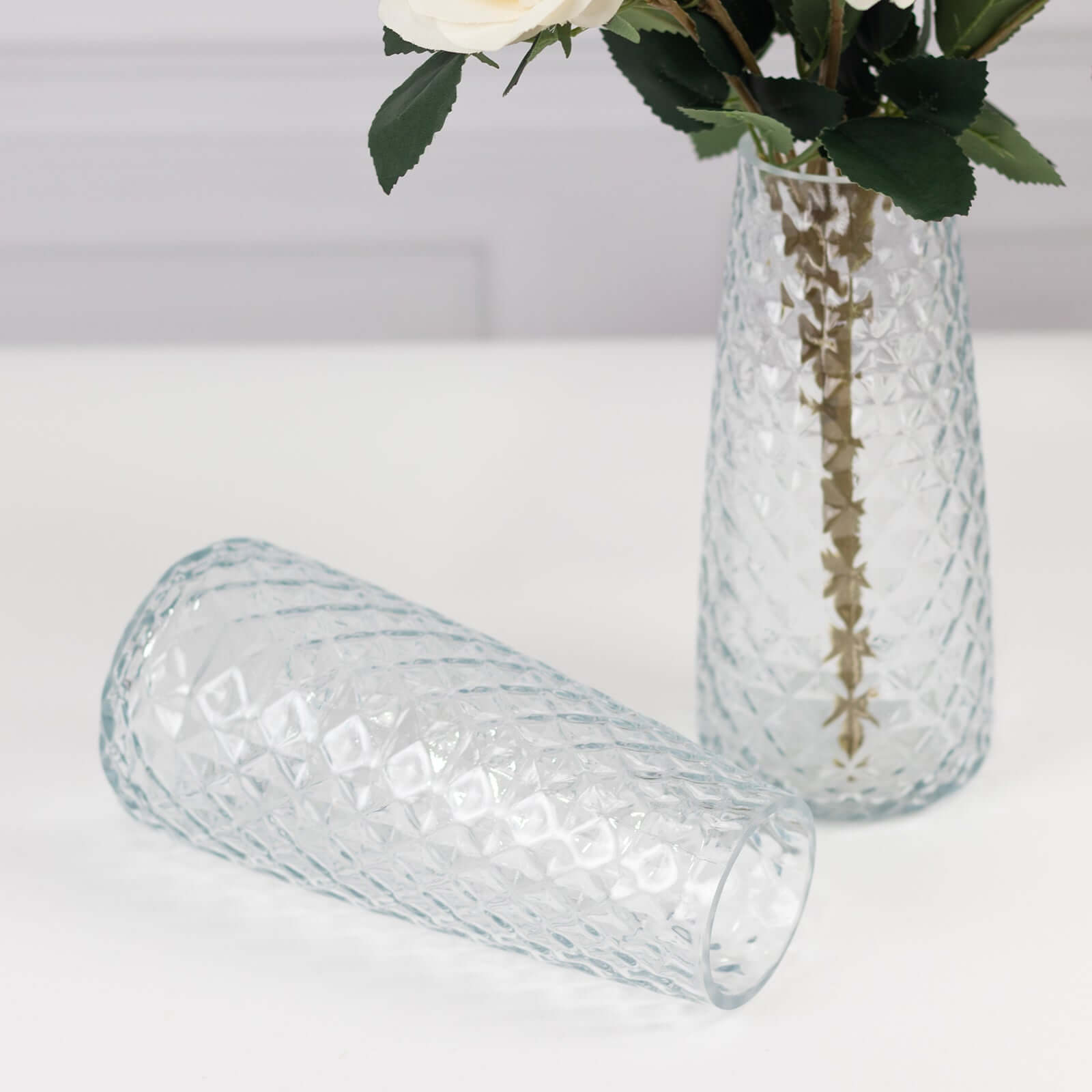 6-Pack Clear Glass Urn Vases with Diamond Cut Pattern - Ideal for Event Decor, 8.5 Inches