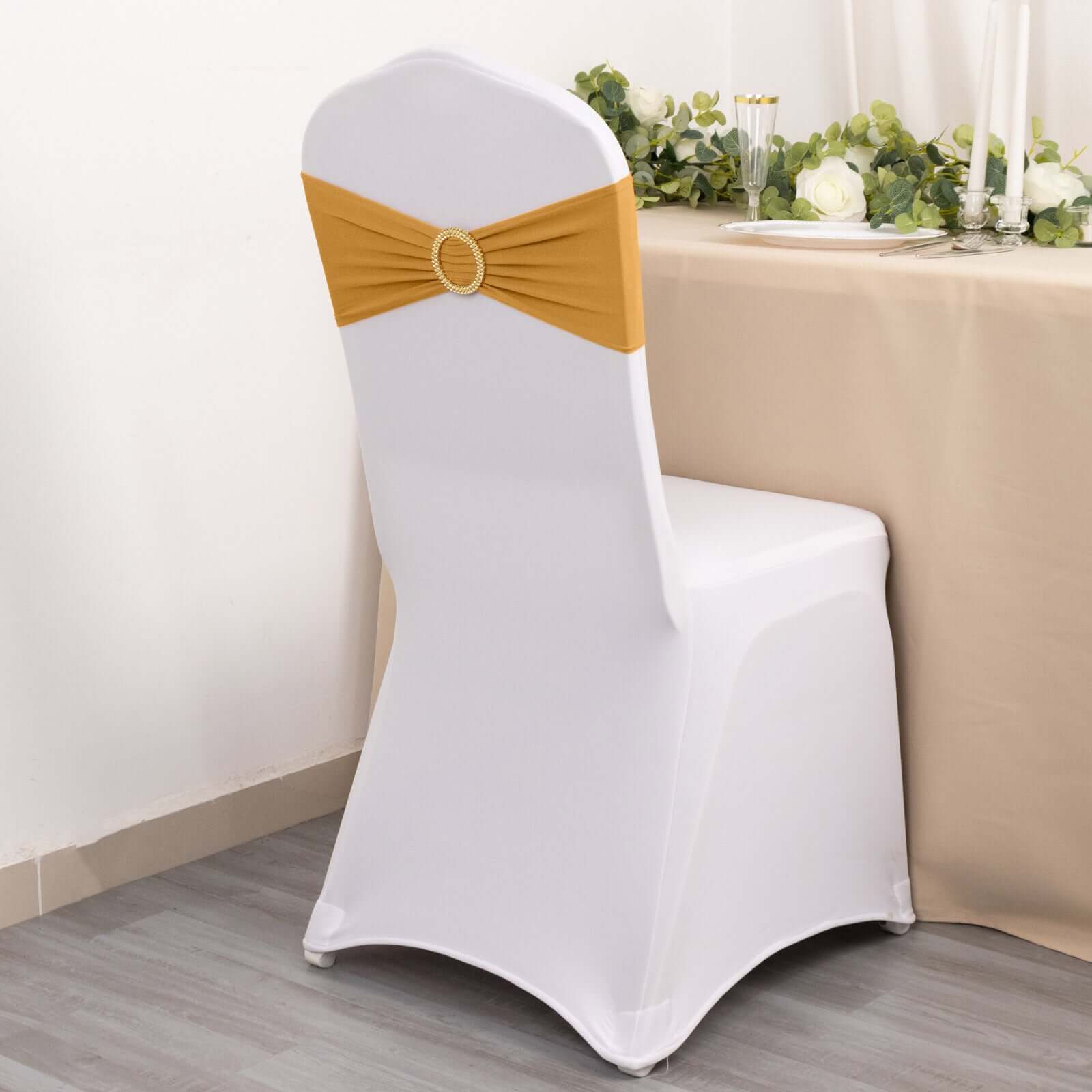 5-Piece Gold Spandex Chair Sashes with Sparkling Gold Rhinestone Buckles - Reusable 4-Way Stretch for Elegant Weddings and Parties