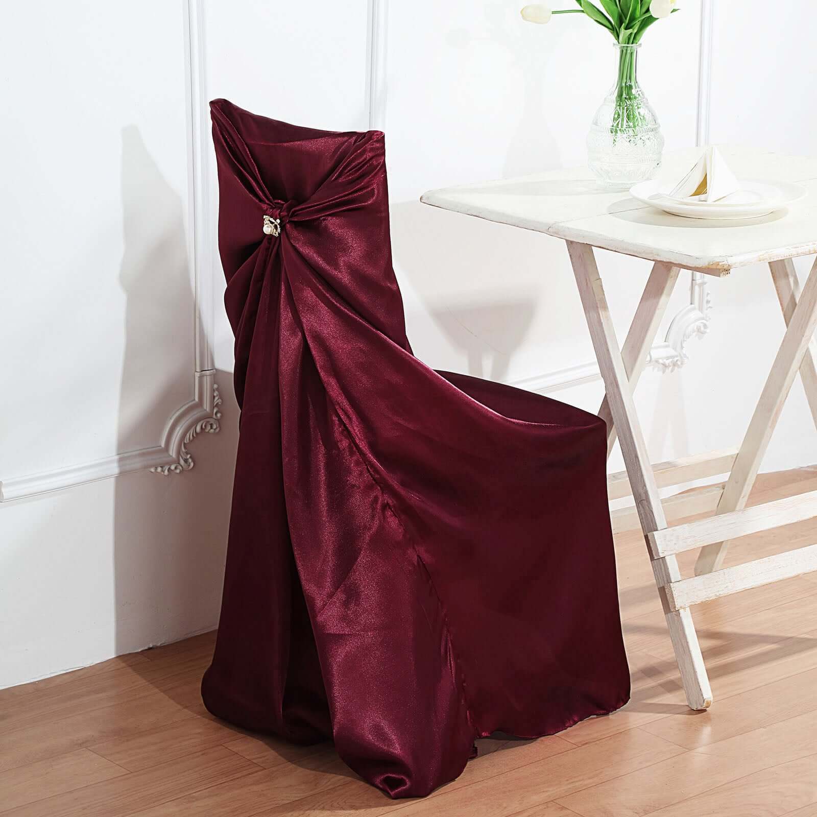 Burgundy Satin Self-Tie Chair Cover - Universal Design for Folding, Dining & Banquet Chairs