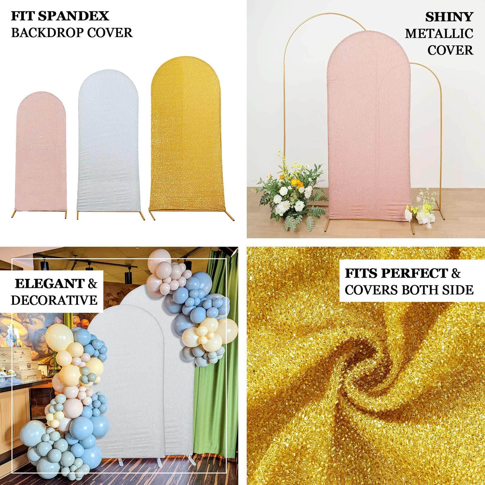 Hot Sale! 6ft Antique Gold Shimmer Tinsel Spandex Backdrop Cover for Round Top Wedding Arch
