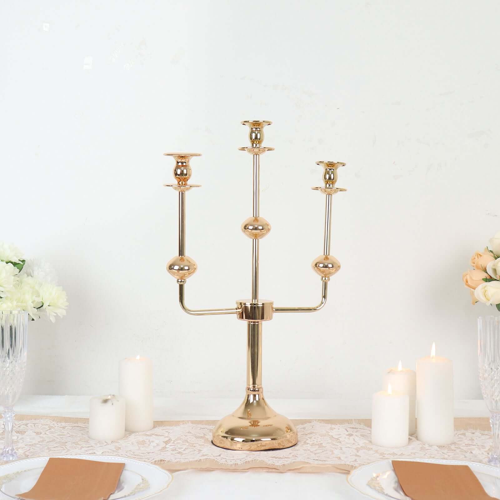 Gold Metal 3-Arm Taper Candelabra Candle Holder Stand - Ideal Wedding Centerpiece
