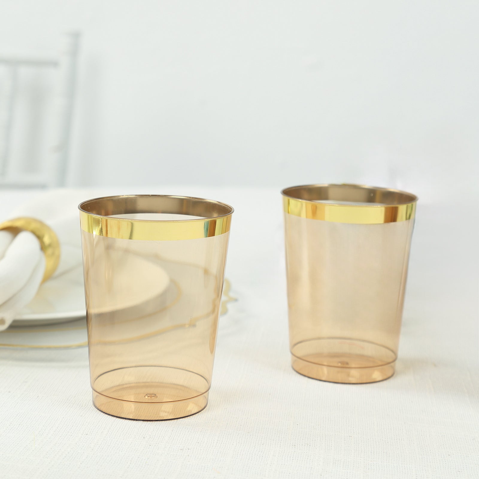 Get 25-Pack of 10oz Transparent Amber Gold Plastic Tumbler Cups with Gold Rim for Stylish Disposable Party
