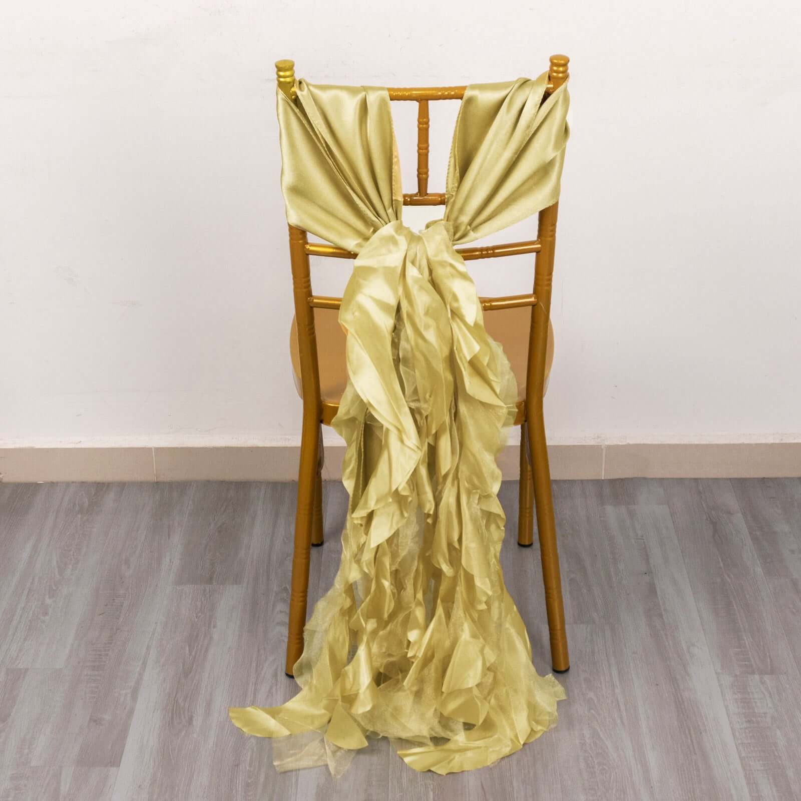 Hot Deal! 5-Piece Champagne Chiffon Satin Chair Sashes with Curly Willow Style