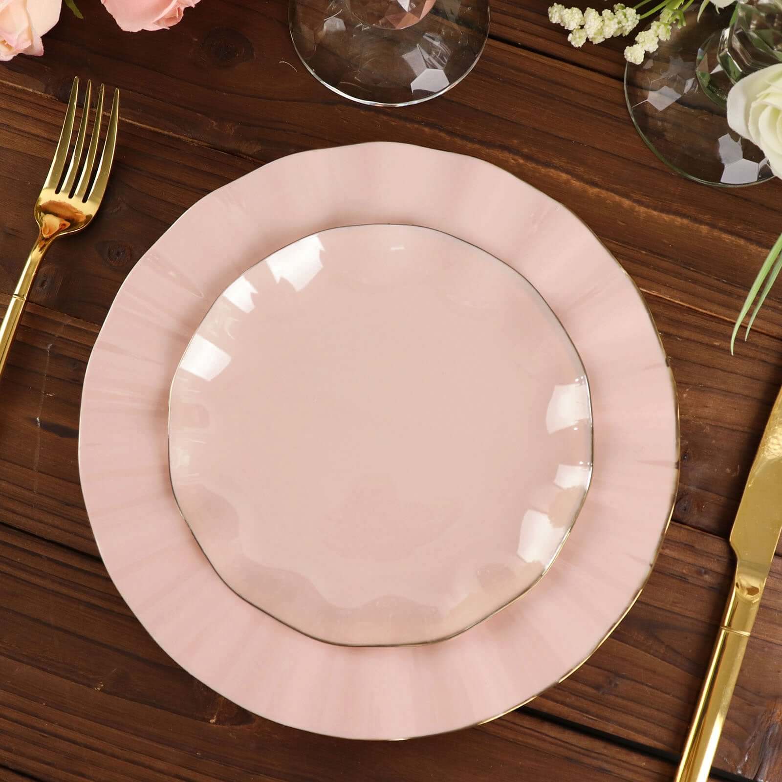 10-Piece Set of Sturdy Disposable Blush Plastic Round Dessert Plates with Gold Ruffled Edging