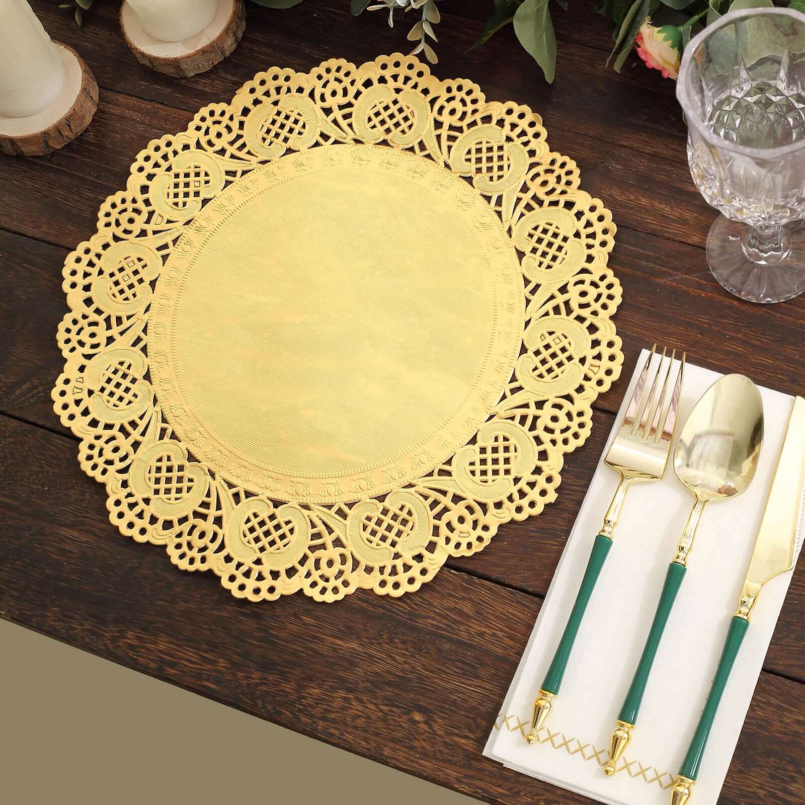 Get 50 Pcs of 12-Inch Gold Round Paper Lace Placemats for Dessert Display and Table Decor