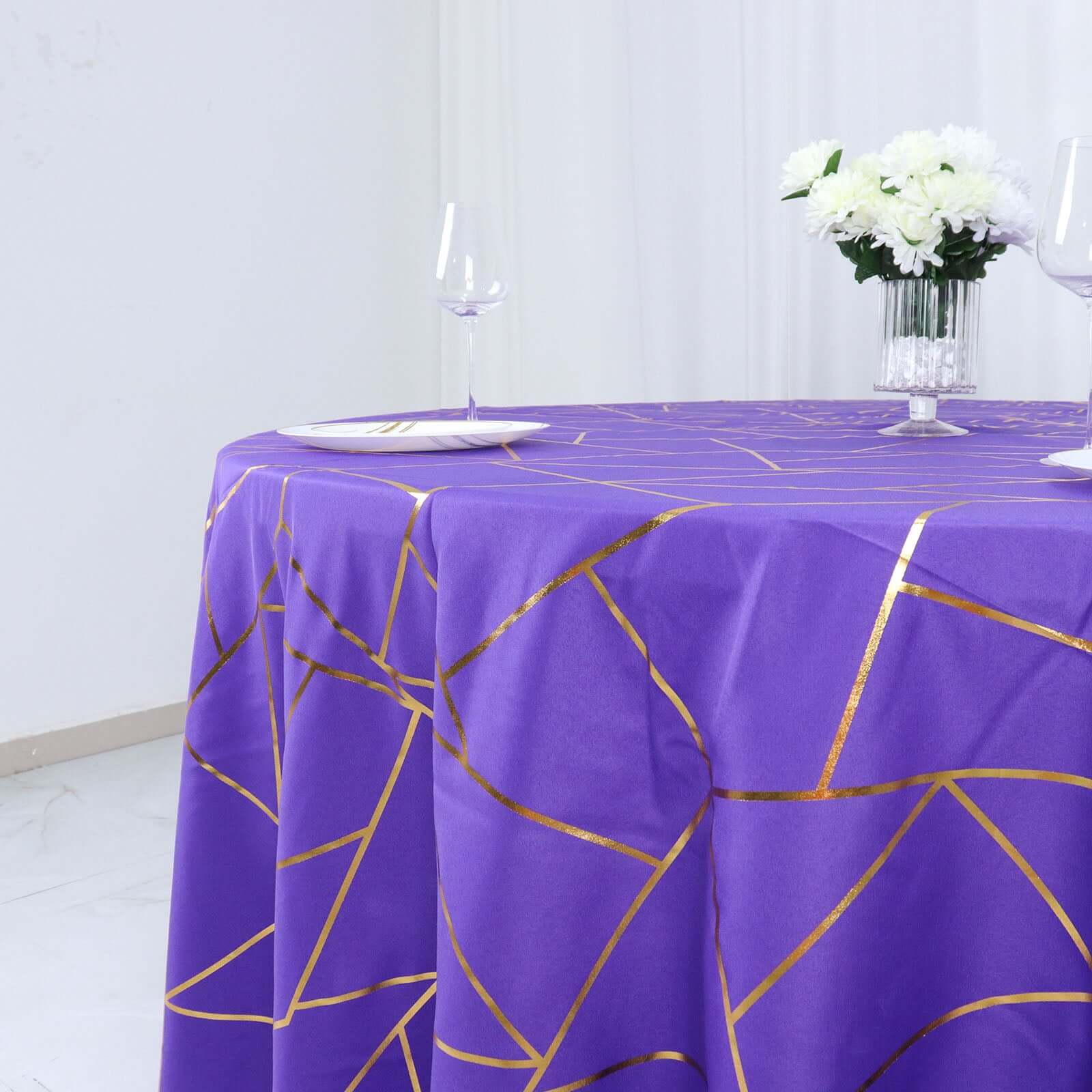 Hot! Wrinkle-Resistant Purple Polyester Round Tablecloth with Gold Foil Geometric Pattern, 120" Dia.