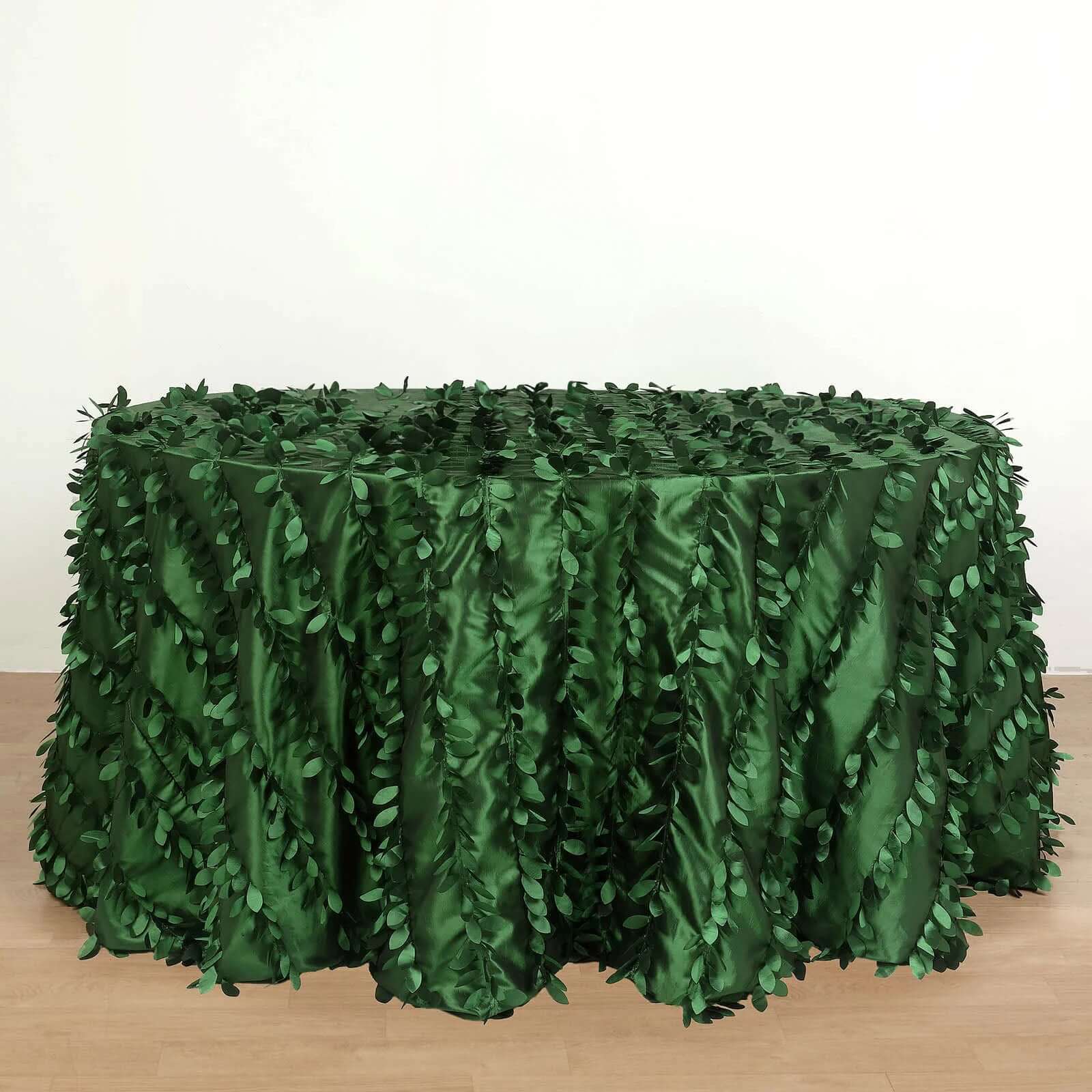 Green 132' Taffeta Round Tablecloth with 3D Leaf Petal Design - Perfect for Events!