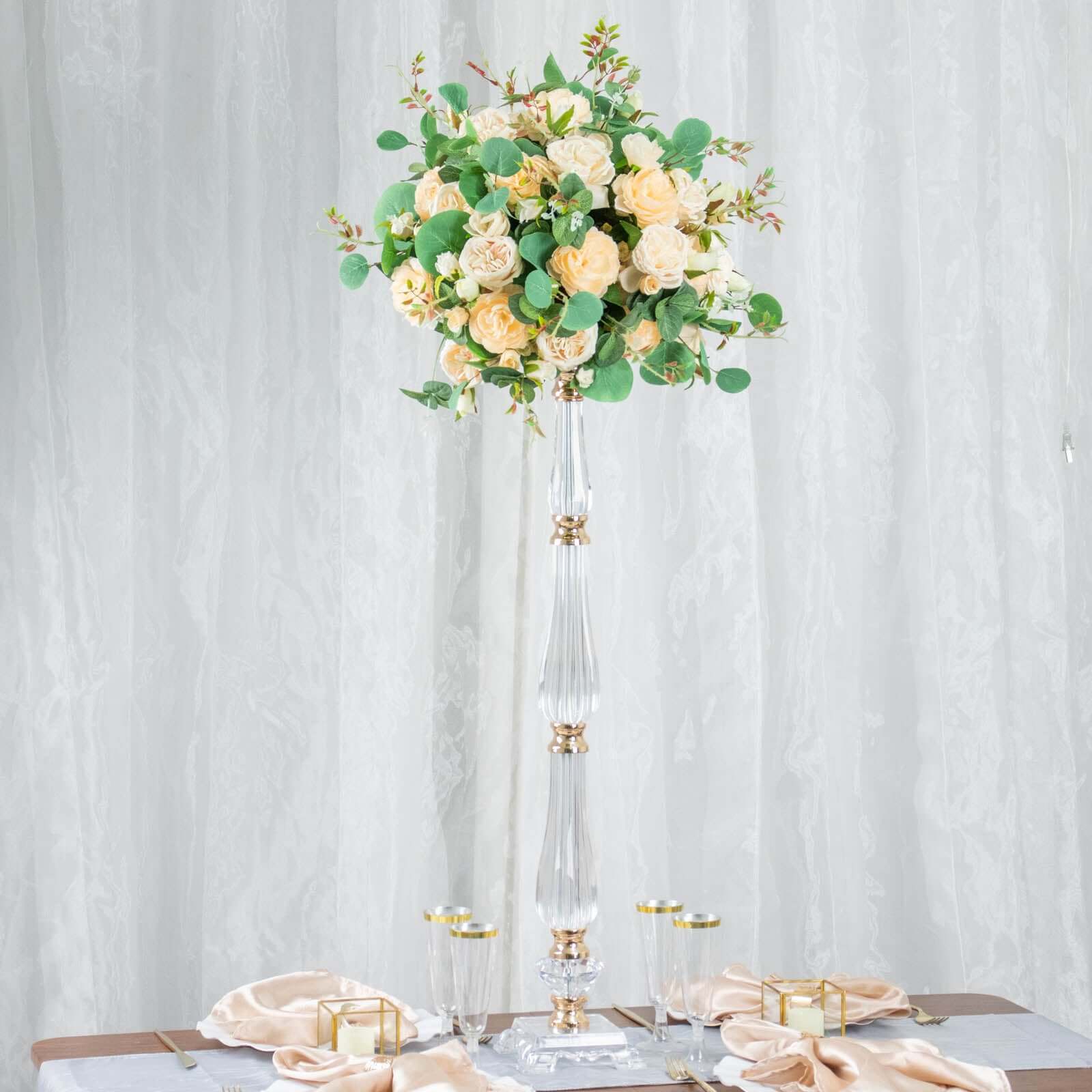 32-inch Gold and Clear Acrylic Crystal Pillar Candle Stand for Wedding Centerpieces
