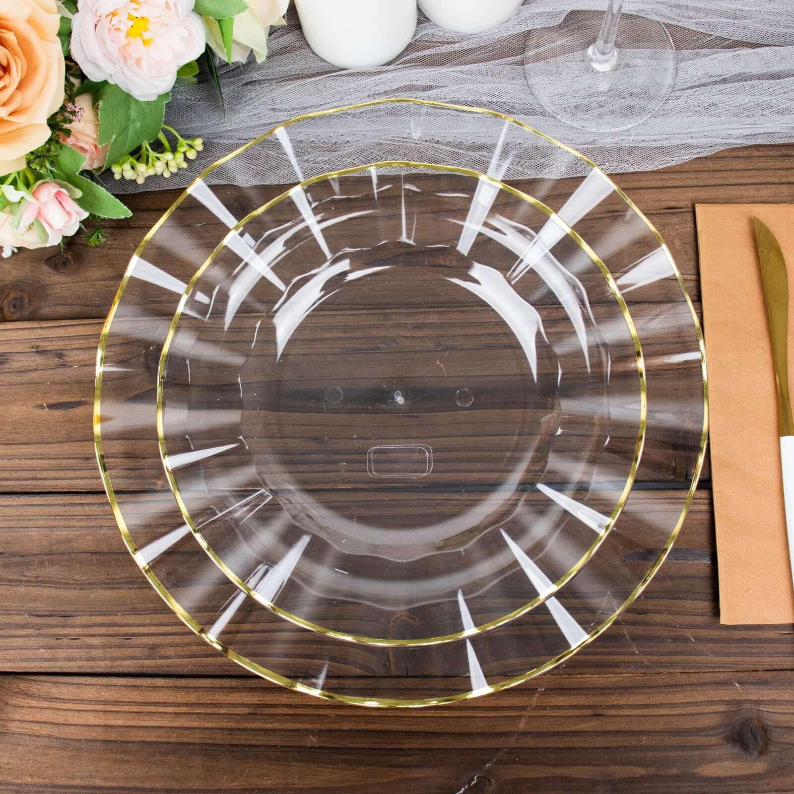 10-Piece Set of Sturdy Disposable Plastic Round Dinner Plates with Clear Ruffled Rim and Gold Edging