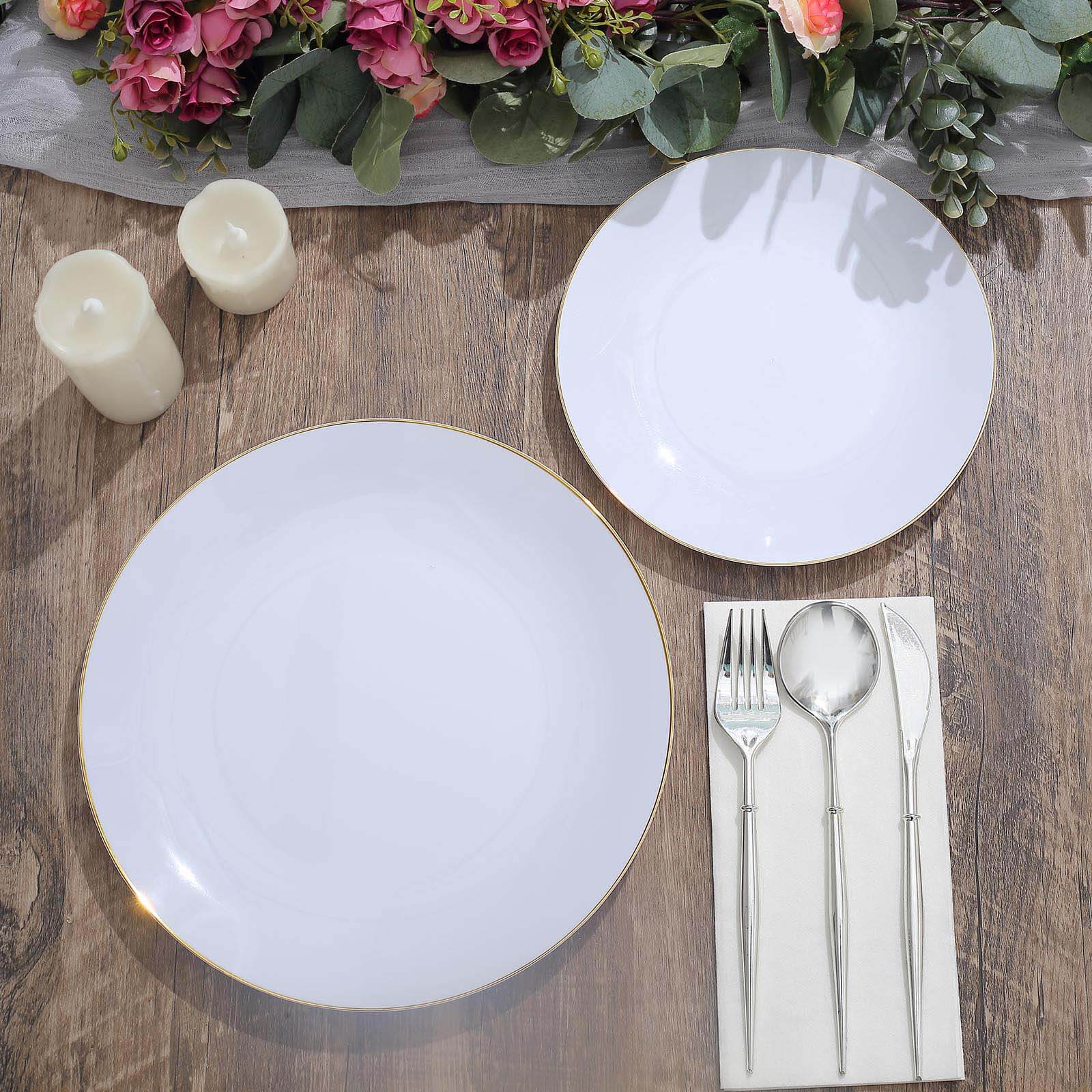 10-Piece Set of White Plastic Round Dinner Plates with Gold Rim - Disposable for Banquets and Special Events