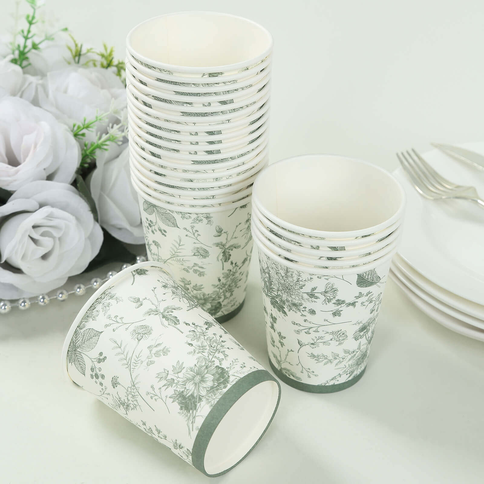 24-Piece 9oz Disposable Paper Party Cups in Elegant White & Sage Green French Toile Design