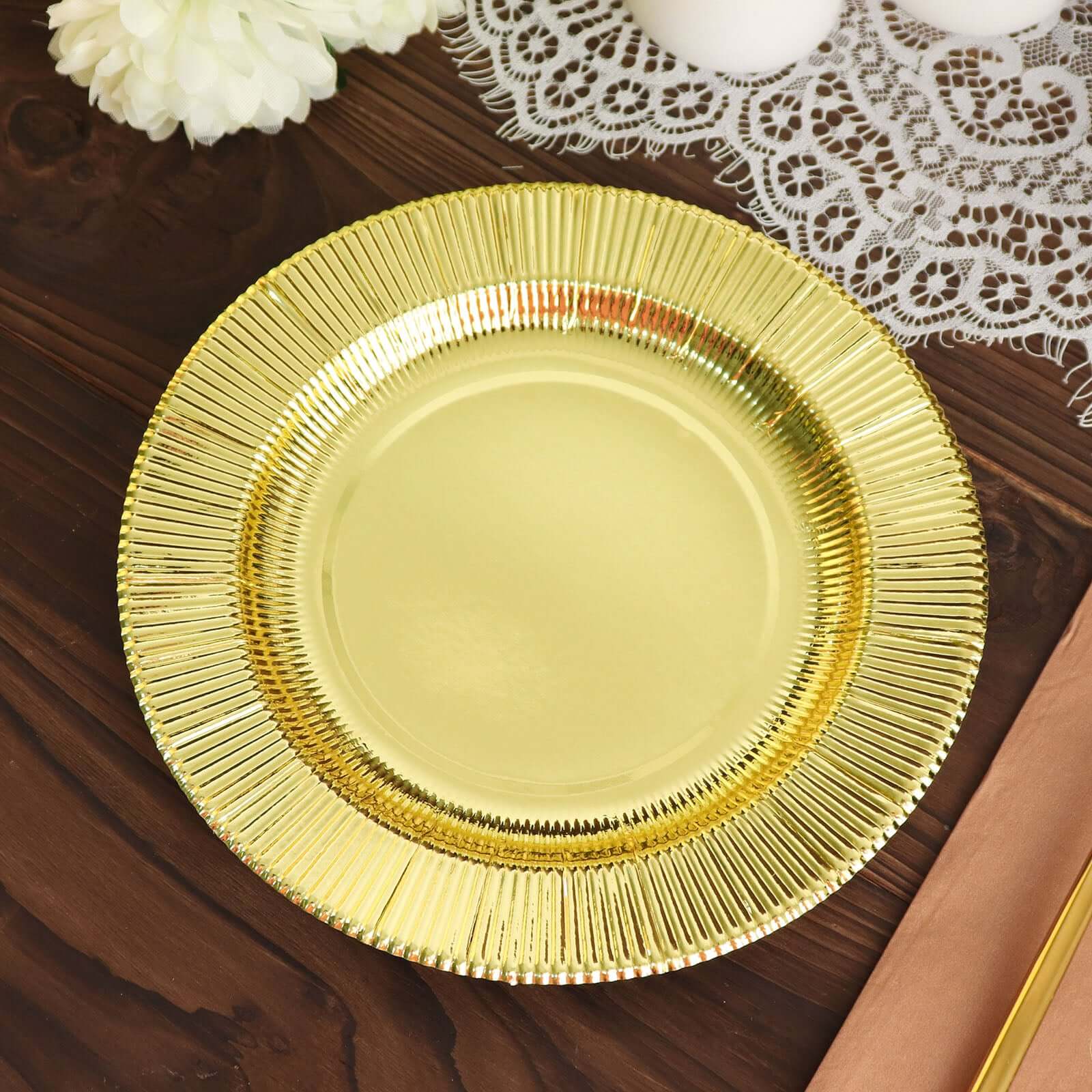 25-Piece Set of Disposable 8-Inch Round Metallic Gold Sunray Design Paper Dessert Plates - Heavy Duty 350GSM