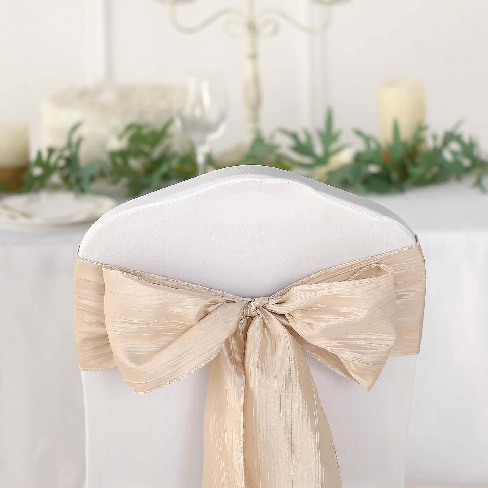 5-Piece Set of Beige Accordion Crinkle Taffeta Chair Sashes (6x106) - Ideal for Weddings and Gatherings