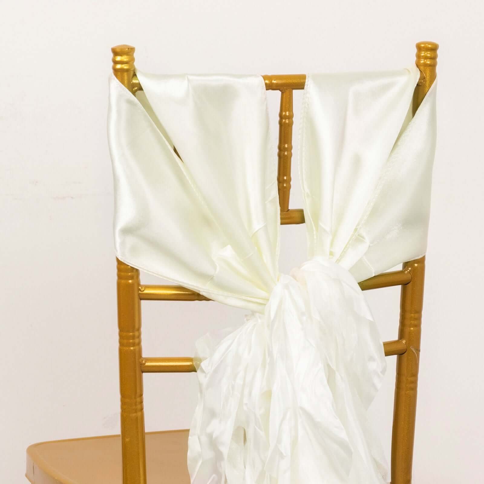 5-Pack Ivory Chiffon Satin Chair Sashes with Curly Willow Style - Easy Installation