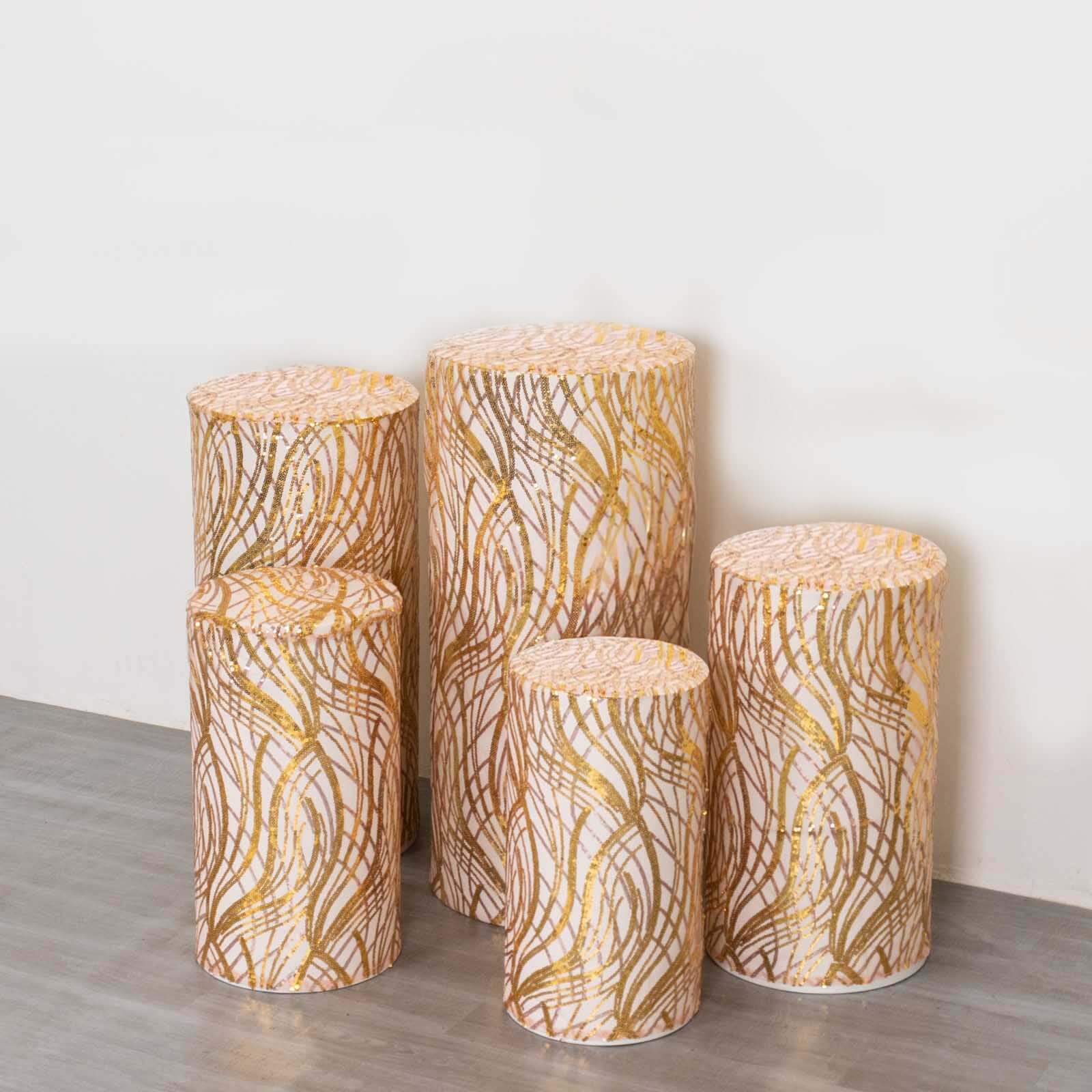 Set of 5 Rose Gold and Gold Sparkly Wave Sequin Mesh Cylinder Pedestal Stand Covers