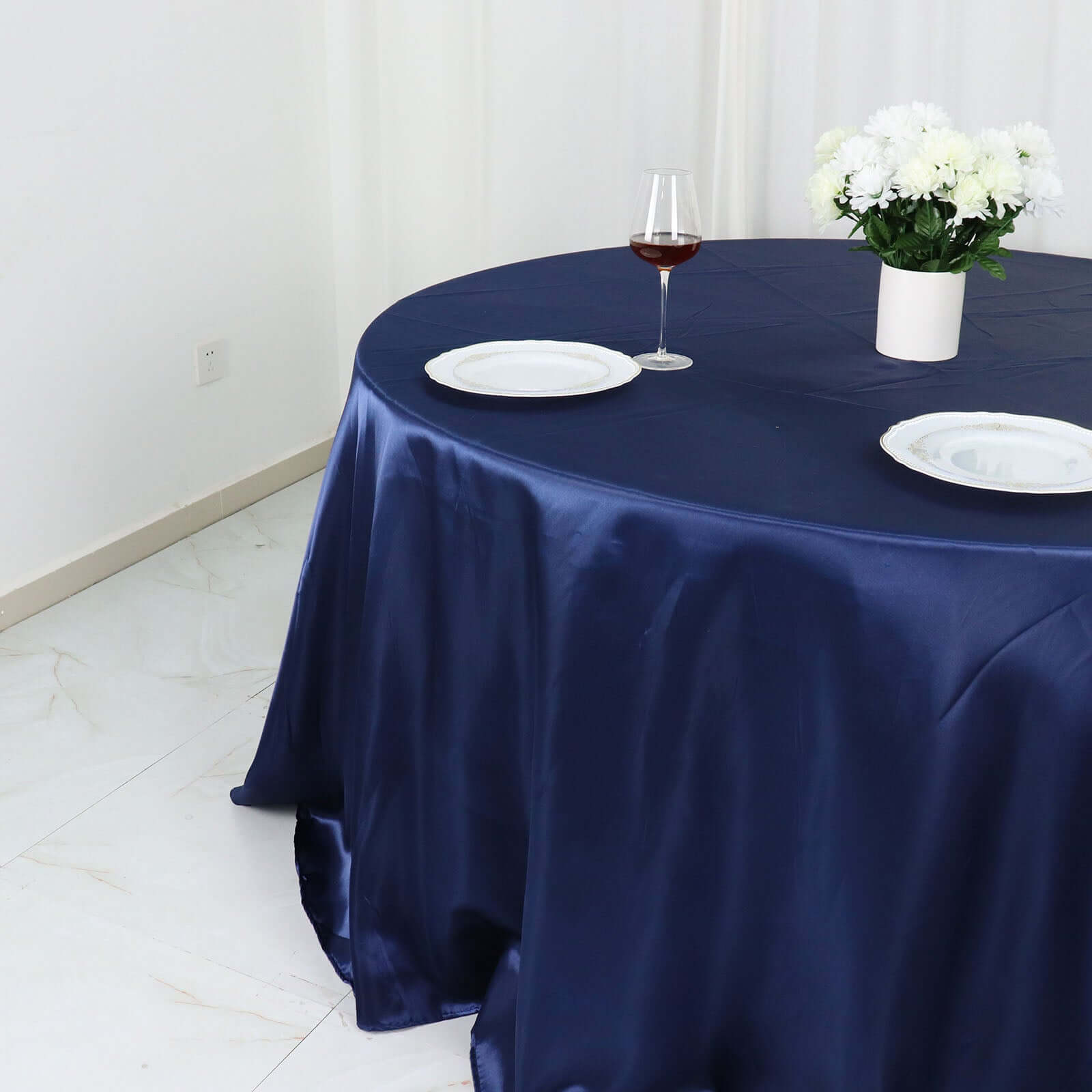 Stylish Navy Blue Satin 132-Inch Round Tablecloth - Ideal for Special Occasions