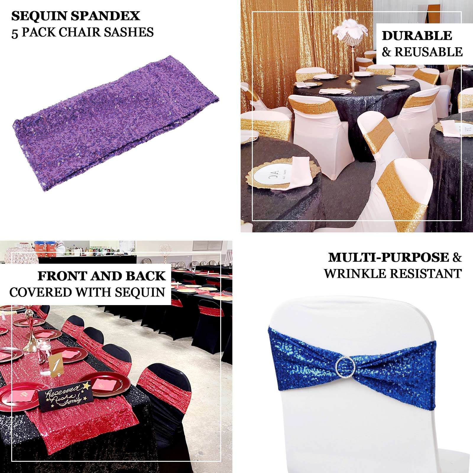 Special Offer! 5-Piece Royal Blue Sequin Spandex Stretch Chair Sashes for Weddings and Parties