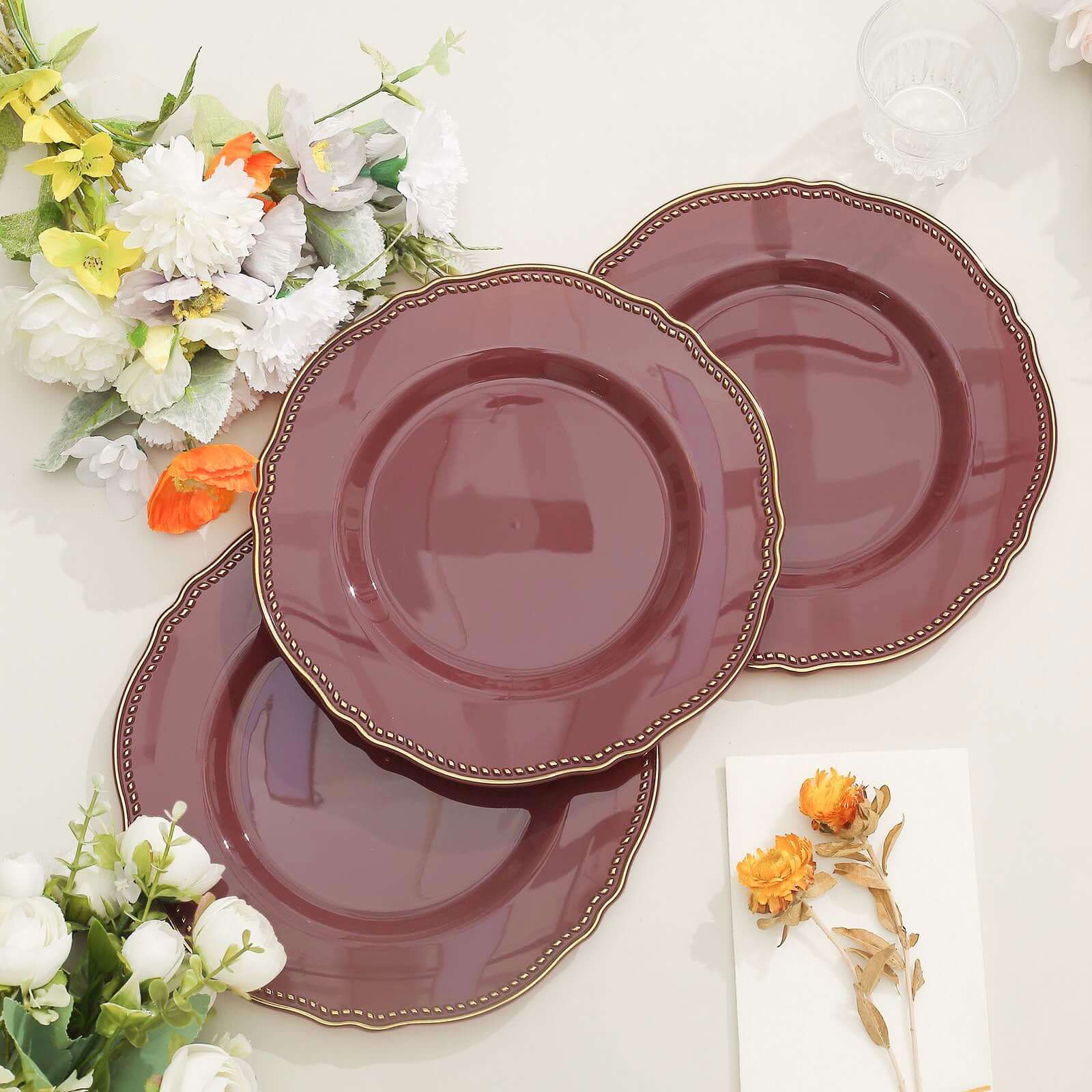 Hot Deal! 10-Pack 9" Disposable Plastic Dinner Plates in Cinnamon Rose with Gold Rim