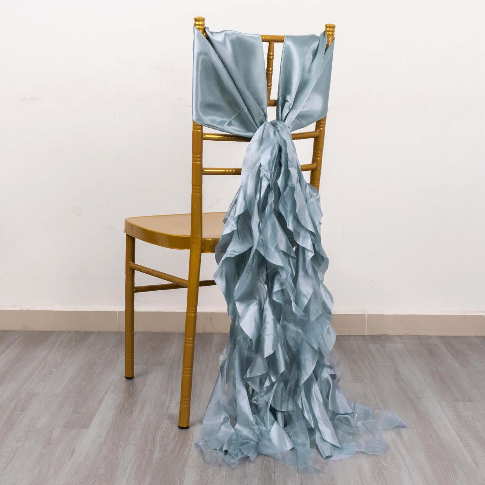 5-Pack Dusty Blue Chiffon Satin Chair Sashes - Easy Install, Curly Willow Style