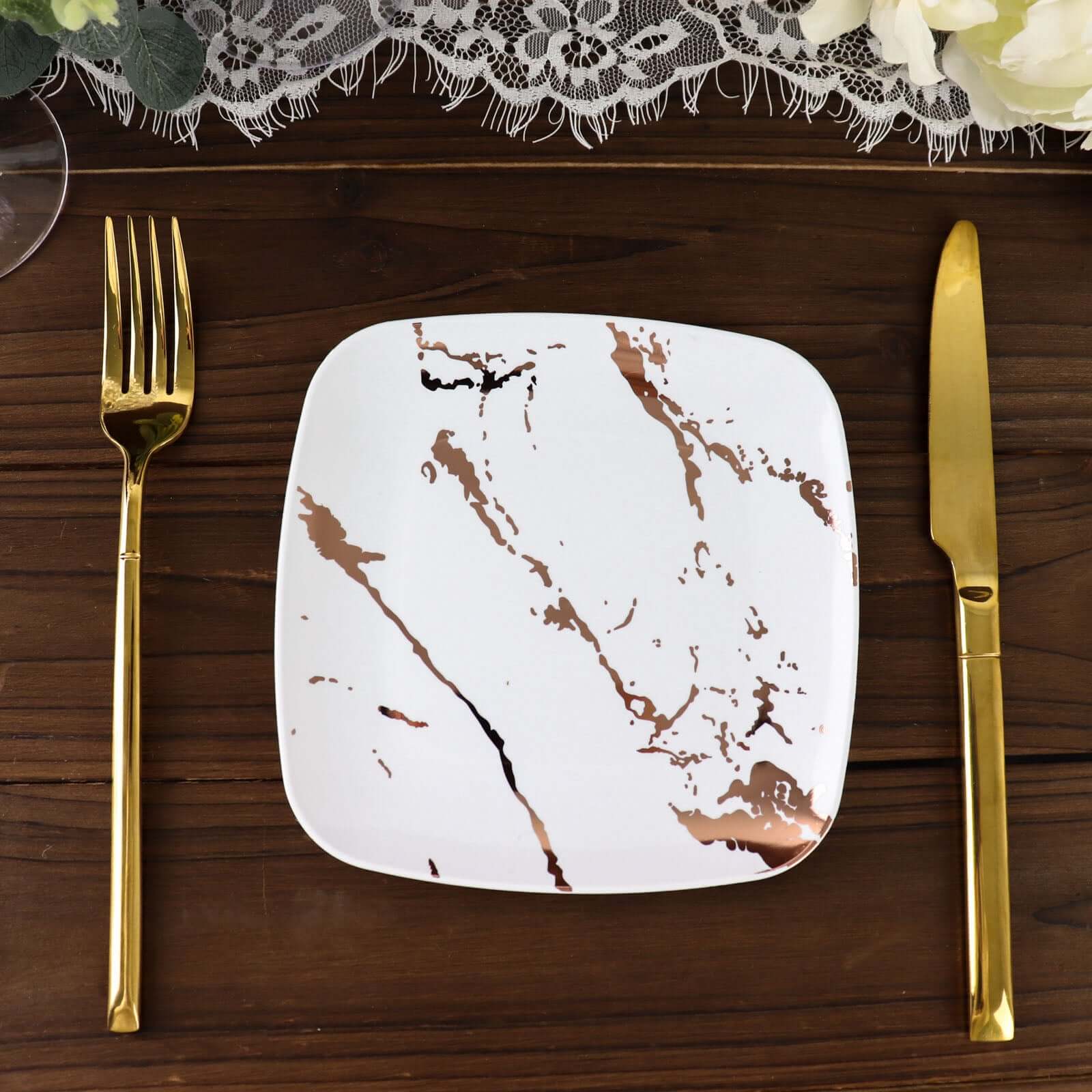 Great Deal! 10-Pack Disposable White Plastic Appetizer Plates with Rose Gold Marble Design for Special Events