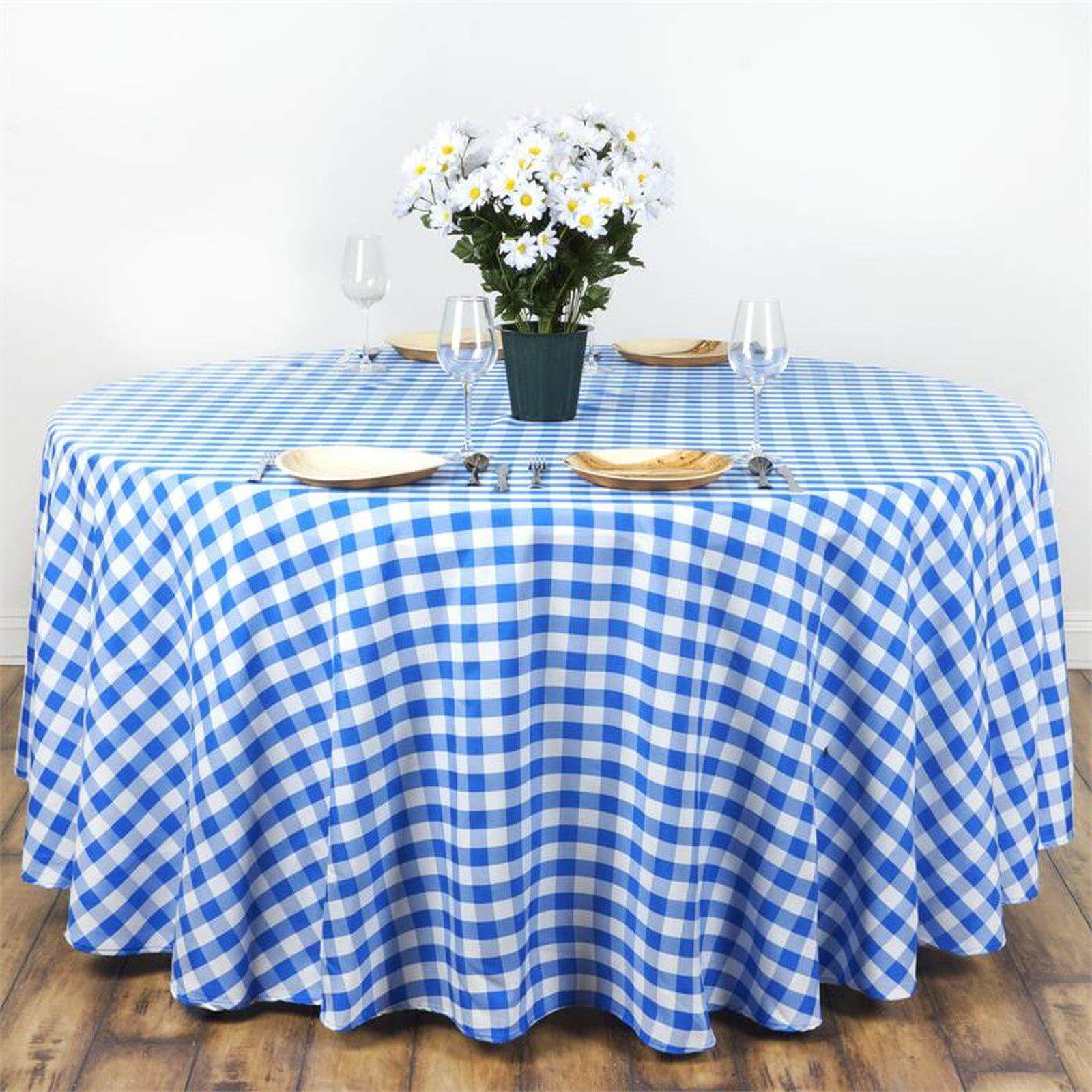 Hot! 120" Polyester Seamless White/Blue Checkered Buffalo Plaid Round Tablecloth