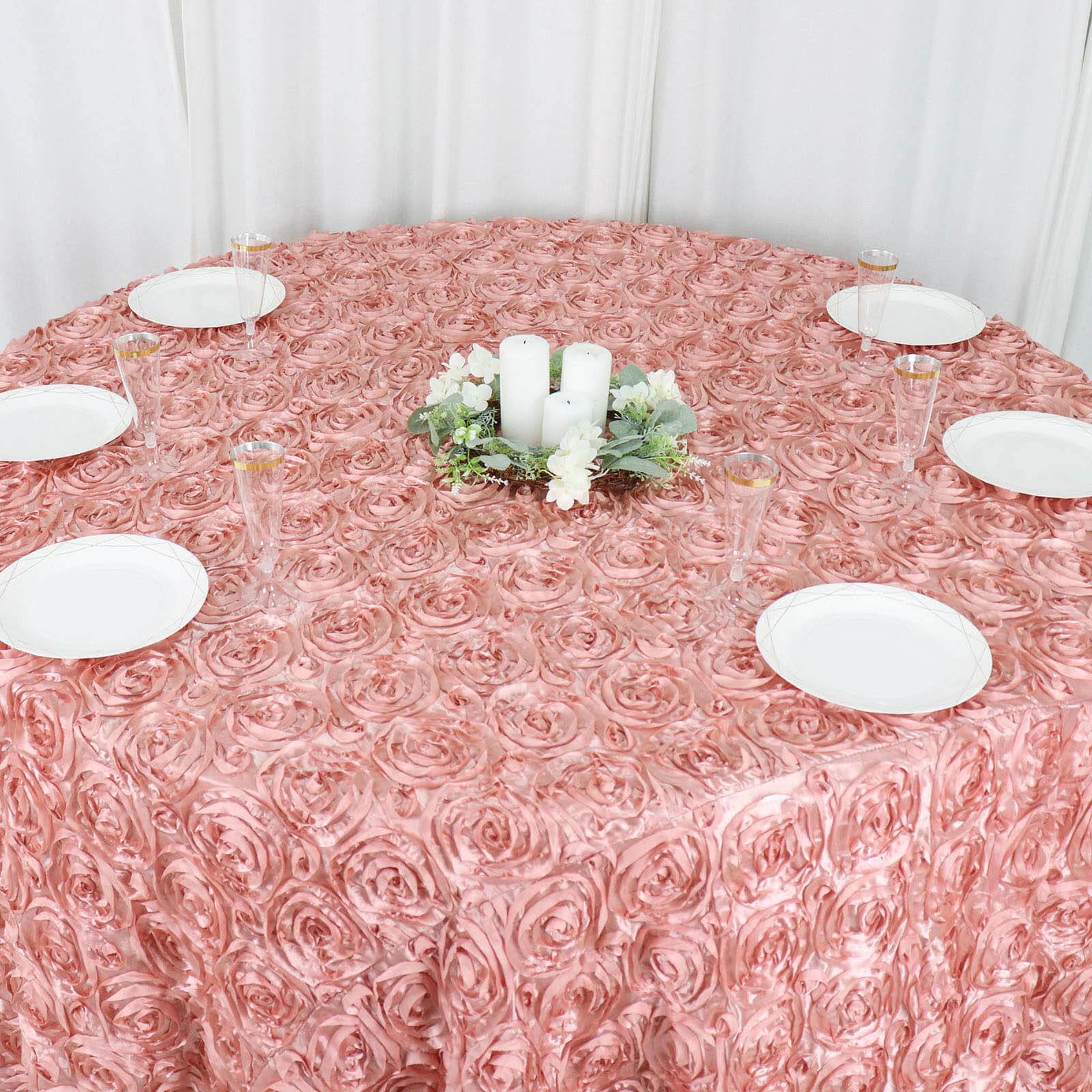 Hot! Dusty Rose Satin 120 Round Tablecloth with 3D Rosette & Seamless Finish
