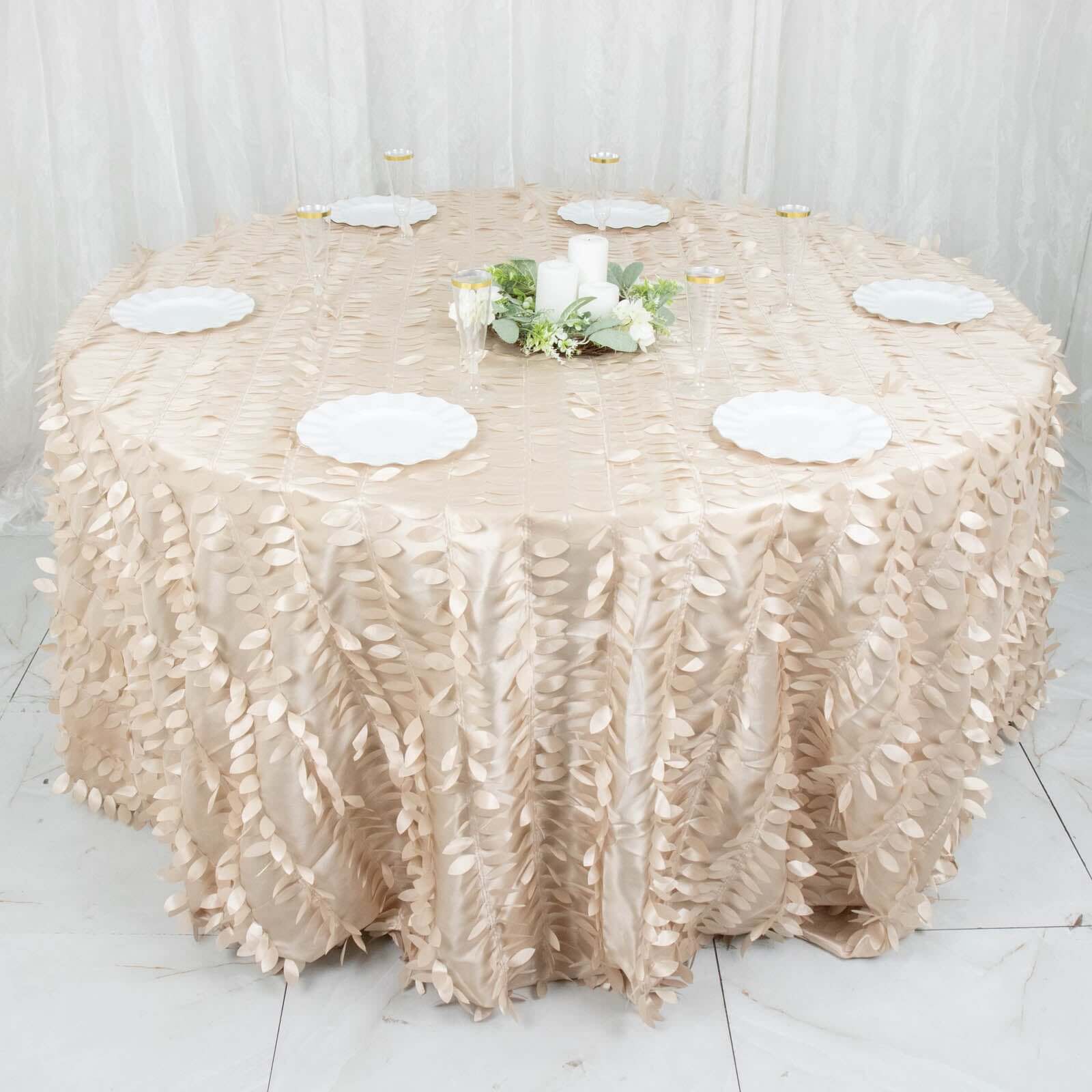 Exclusive Beige 132-Inch Round Taffeta Tablecloth with 3D Leaf Petal Design