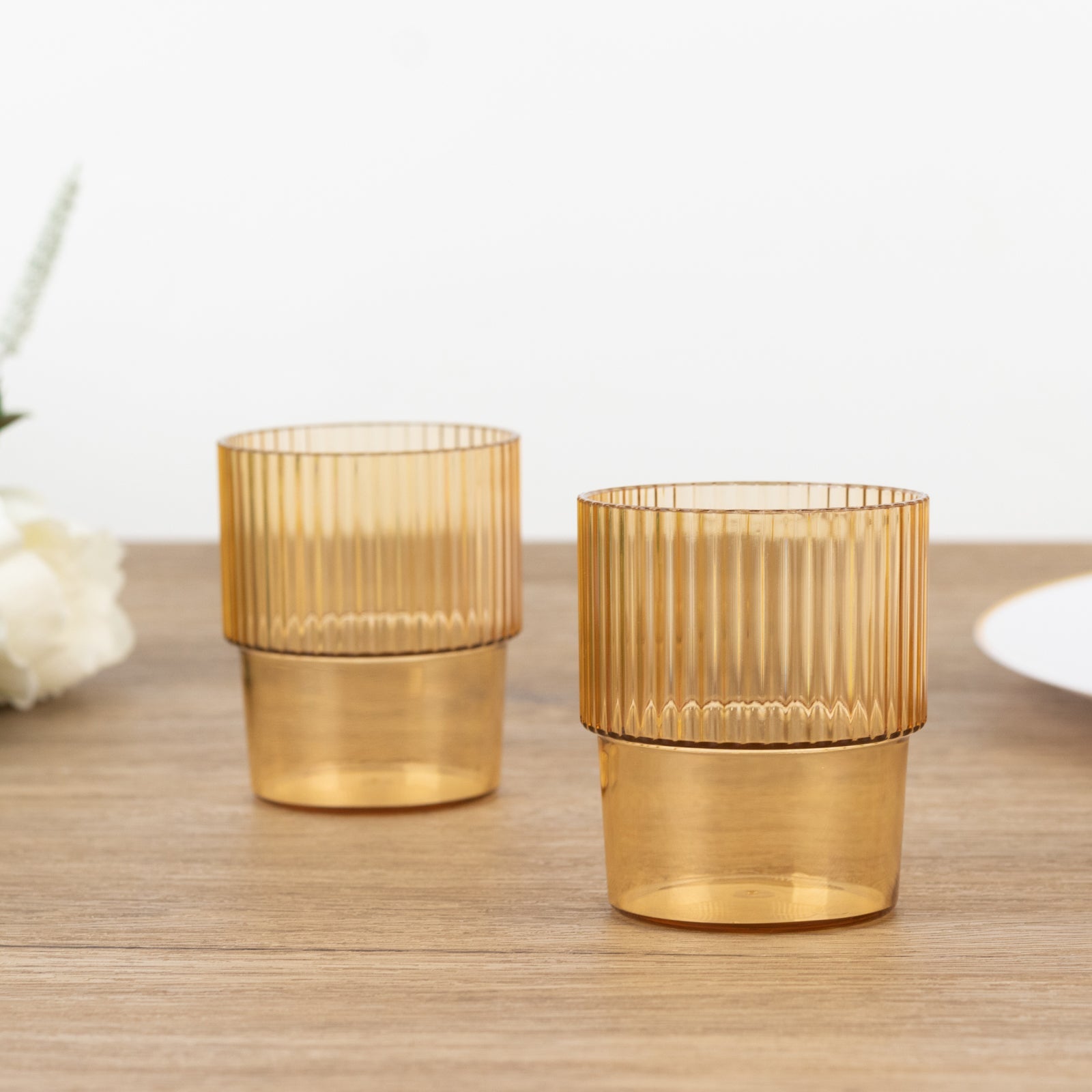 12-Piece Set of Reusable 7oz Stackable Amber Gold Plastic Drinking Glasses with Ribbed Pattern