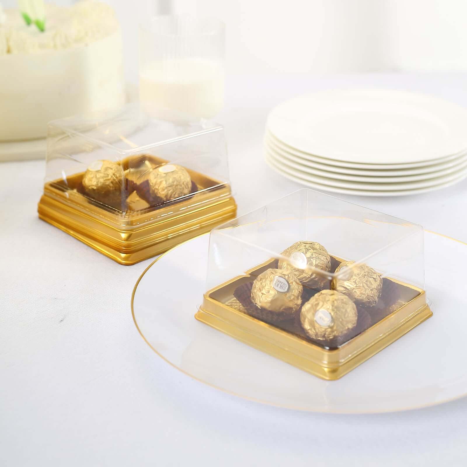 50-Pack Clear & Gold Square Mini Plastic Party Favor Boxes for Cupcakes & Desserts