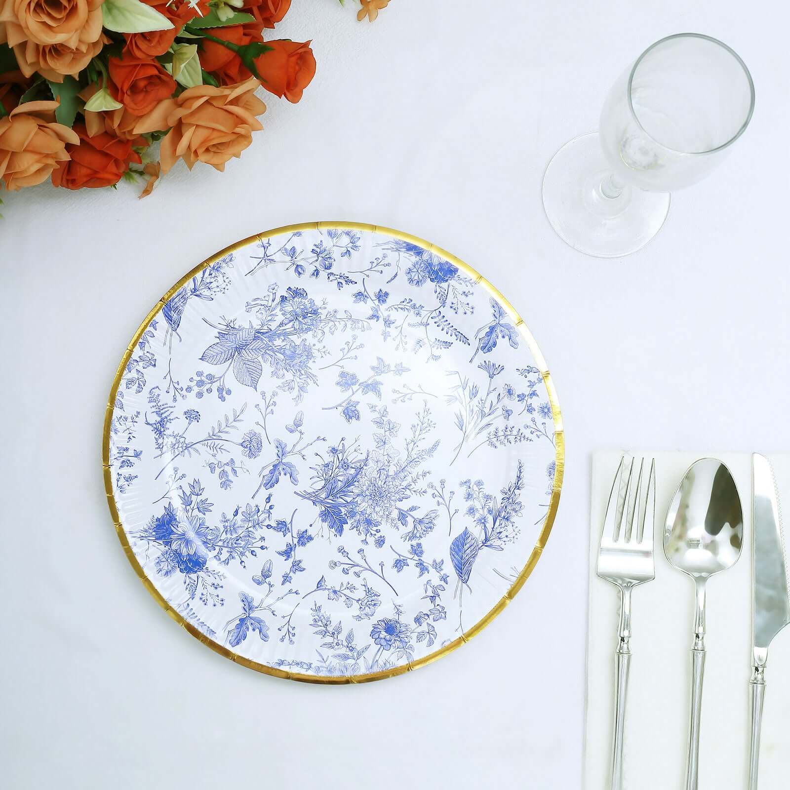 25-Pack Disposable 9-Inch White Dinner Plates with Light Blue French Toile & Gold Rim for Picnics and Chic Brunches