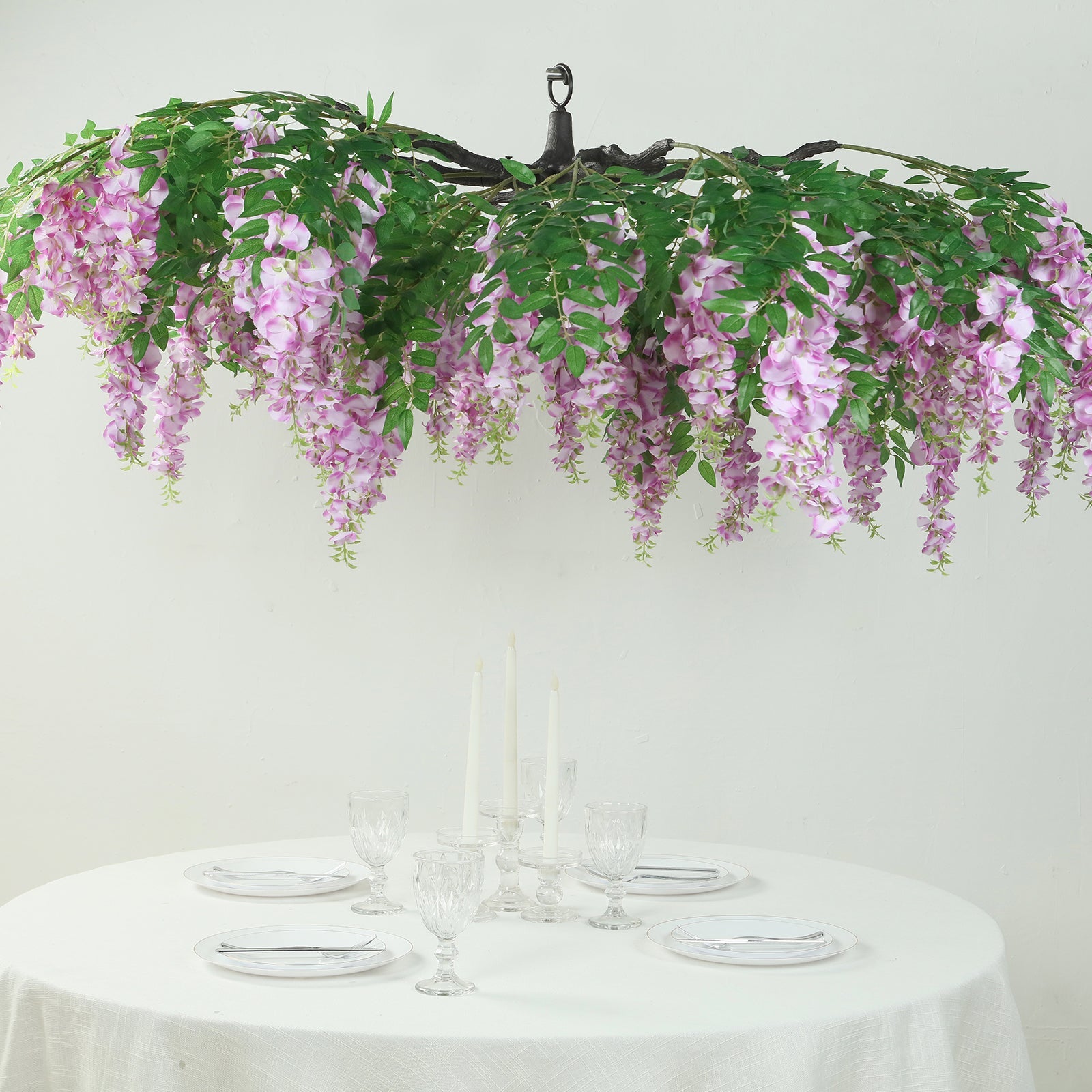 55-Inch Artificial Silk Lavender Lilac Wisteria Vine Round Hanging Floral Chandelier with Detachable Branches