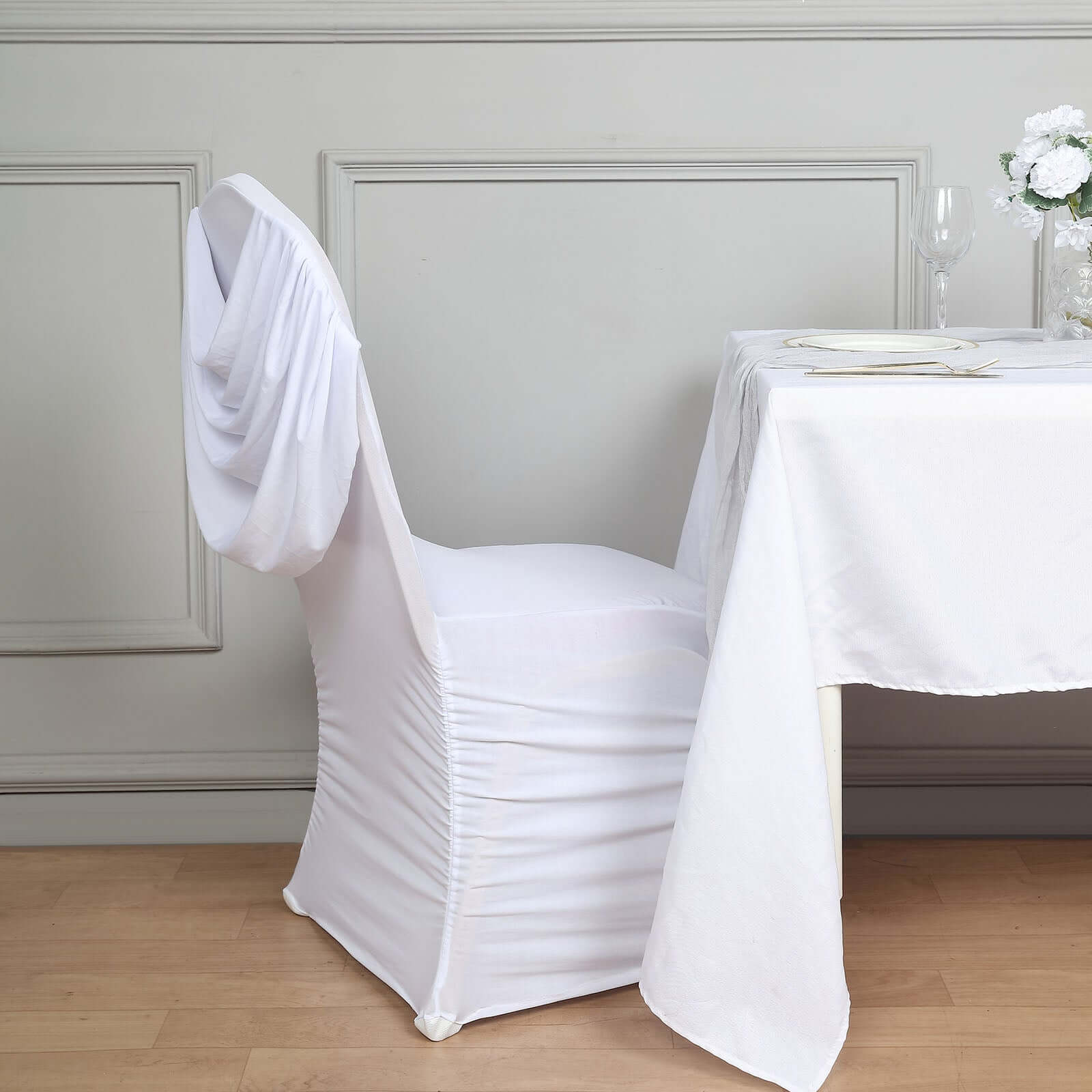Stylish White Spandex Banquet Chair Cover with Ruched Swag Back & Foot Pockets for Weddings