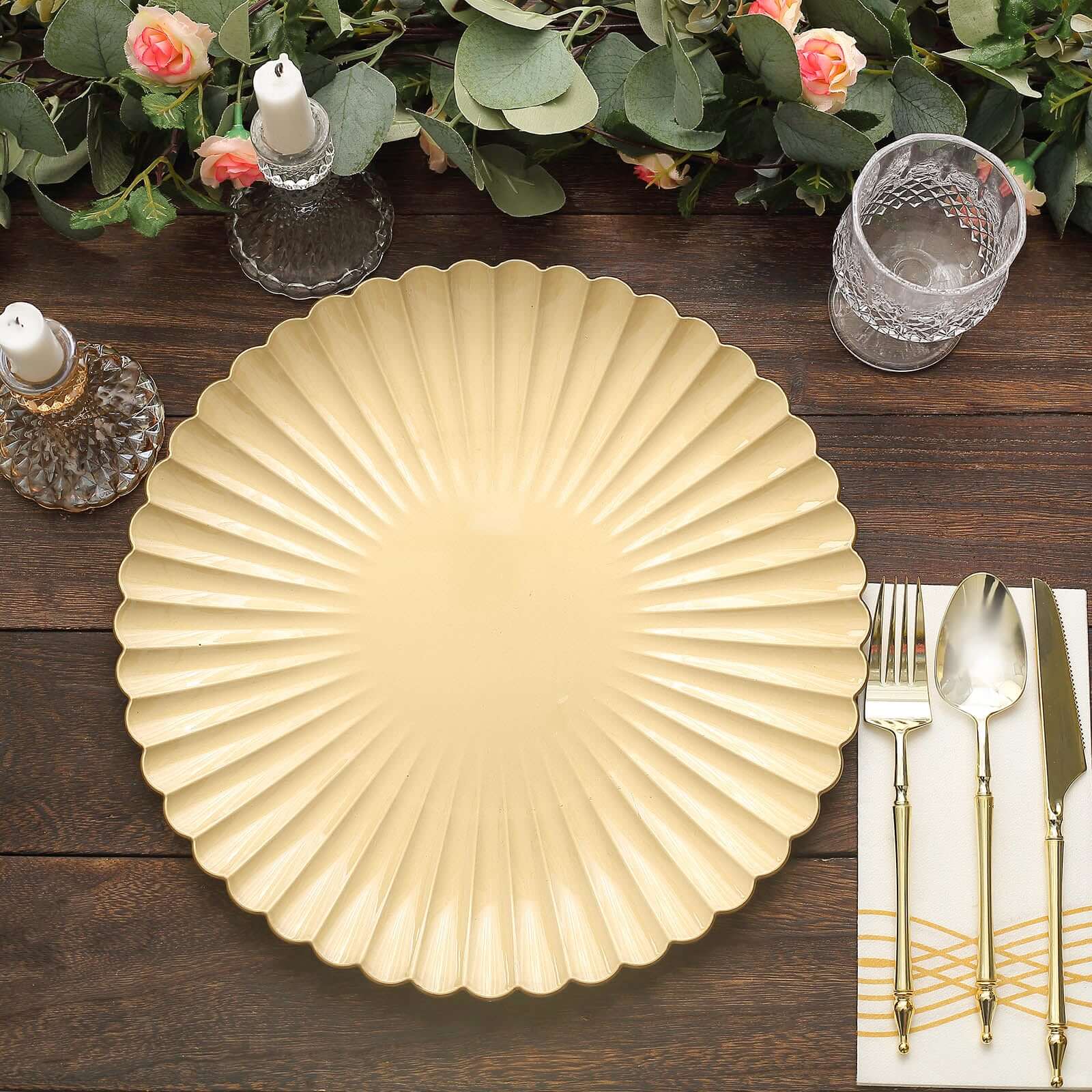 6-Pack Gold Plastic Round Charger Plates, 13 inches, Coastal Style with Scalloped Shell Pattern, Disposable Tableware