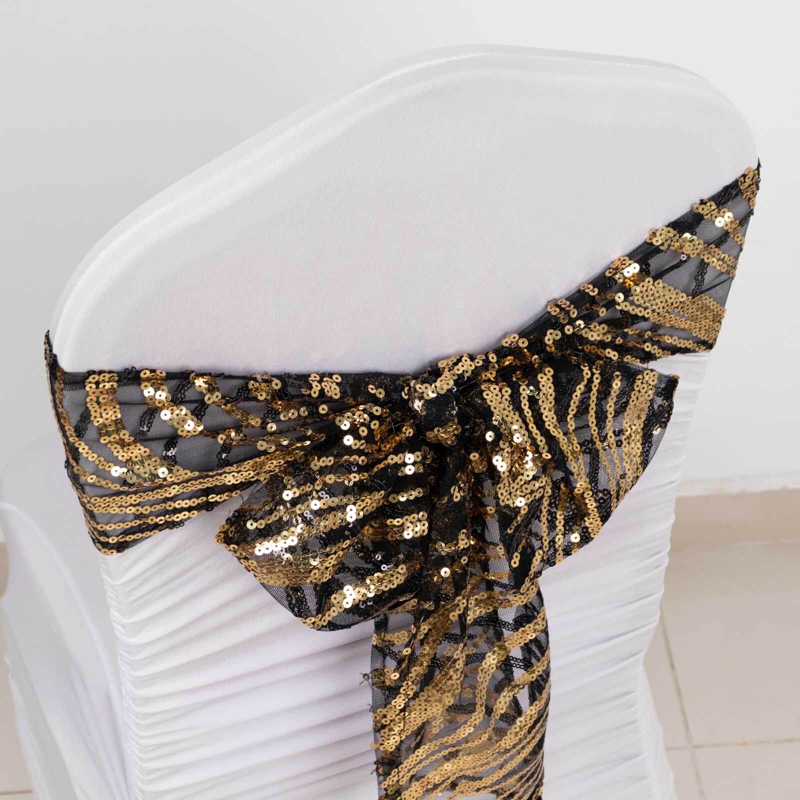 Set of 5 Black/Gold Wave Embroidered Sequin Chair Sashes - Elegant Wedding Decor
