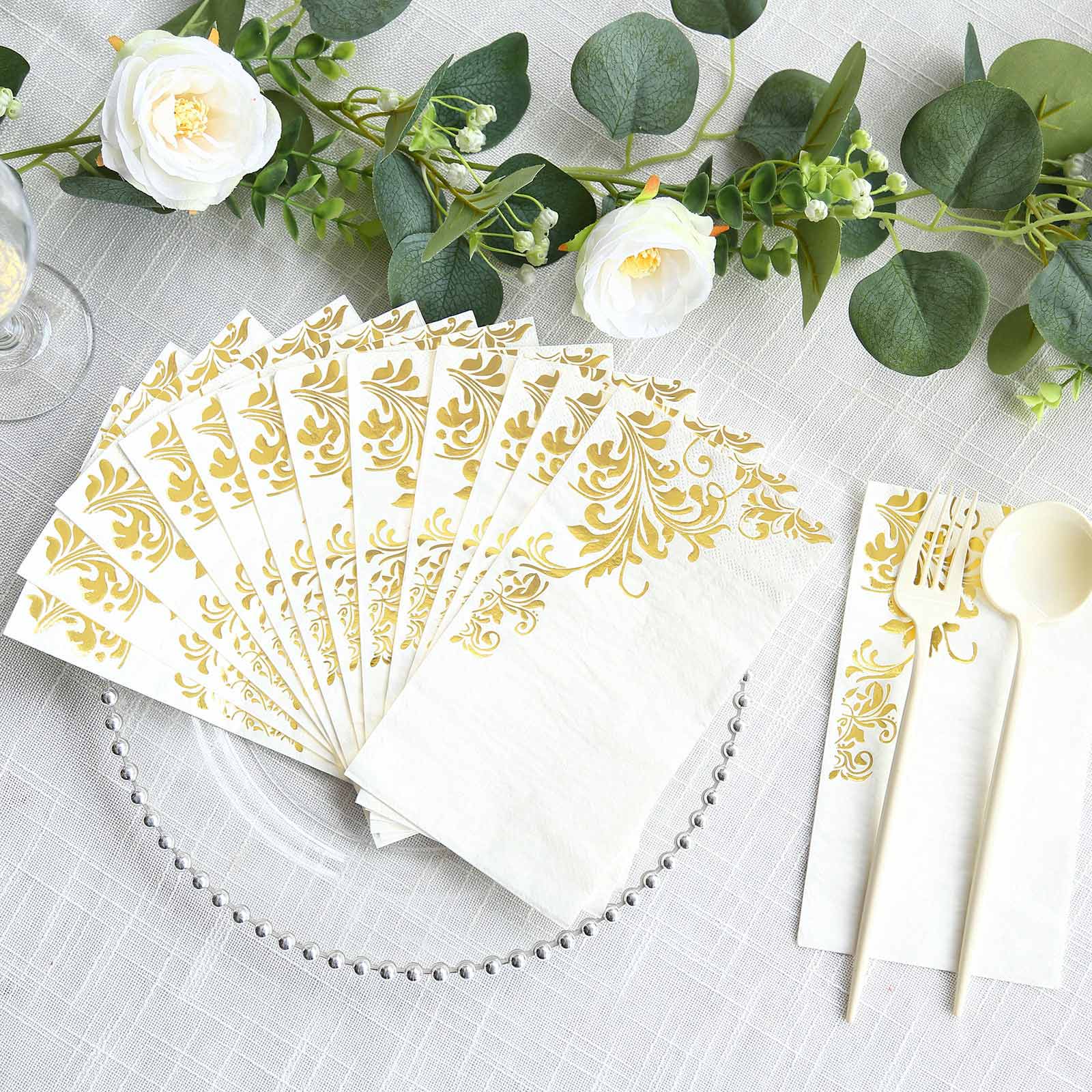 Hot! 50-Pack White Paper Dinner Napkins with Gold Baroque Floral Print