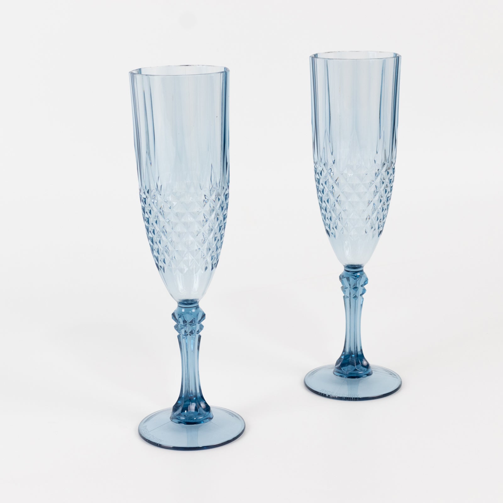 8oz Reusable Dusty Blue Plastic Wedding Toast Flutes with Crystal Cut Style - 6 Pack