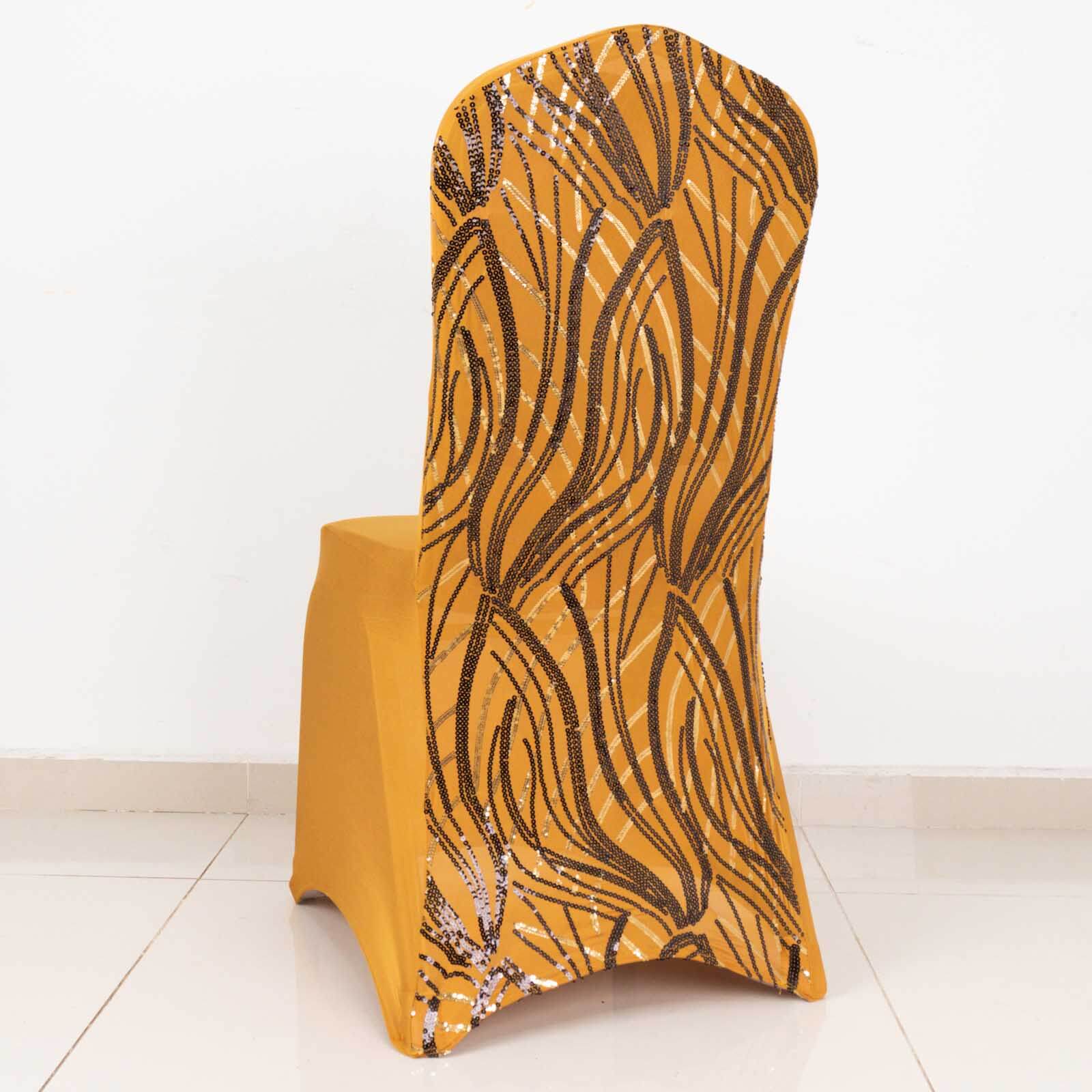 Hot! Gold/Black Glittering Spandex Chair Cover with Wave Embroidered Sequins for Banquets