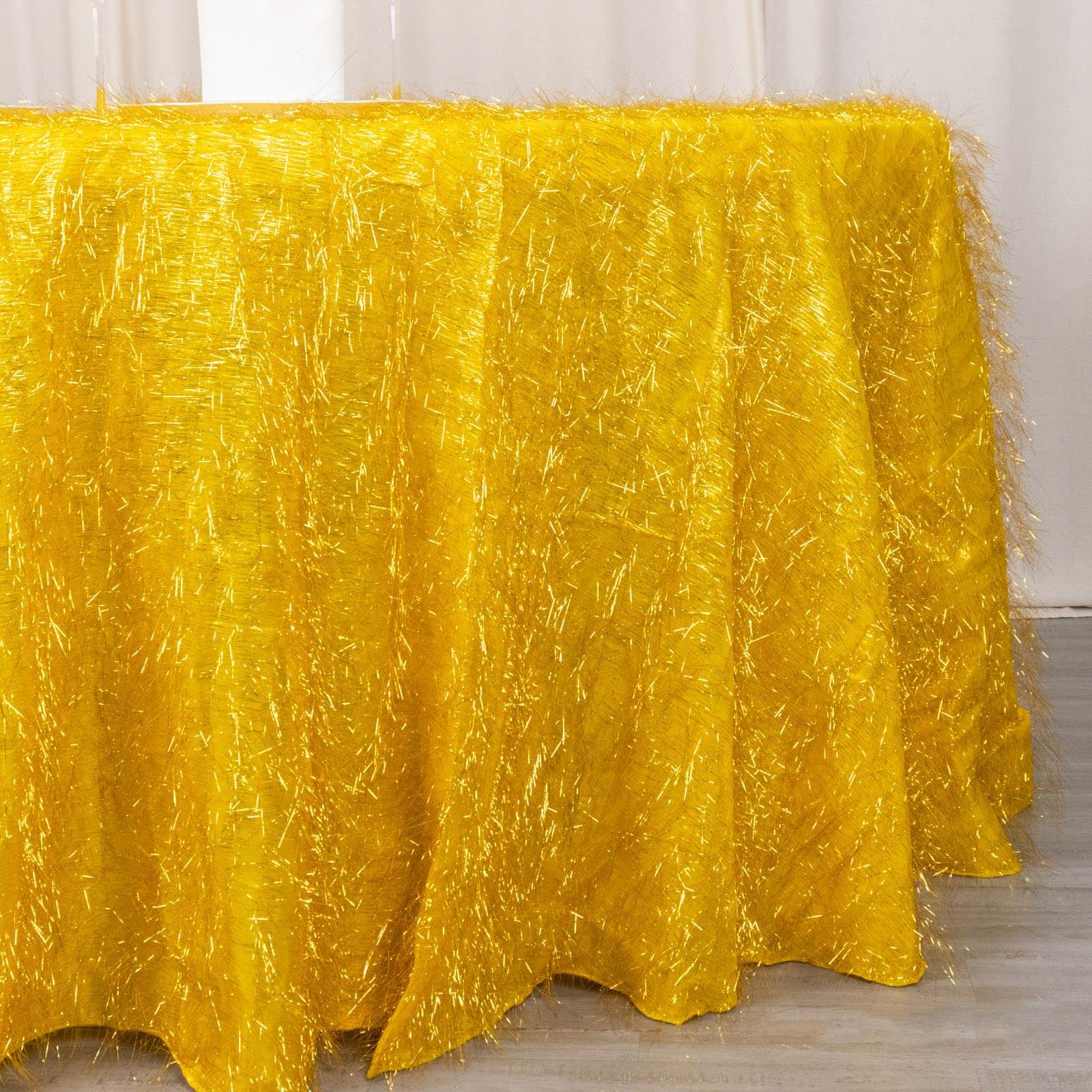 120-Inch Round Gold Polyester Tablecloth with Metallic Fringe for Weddings and Events