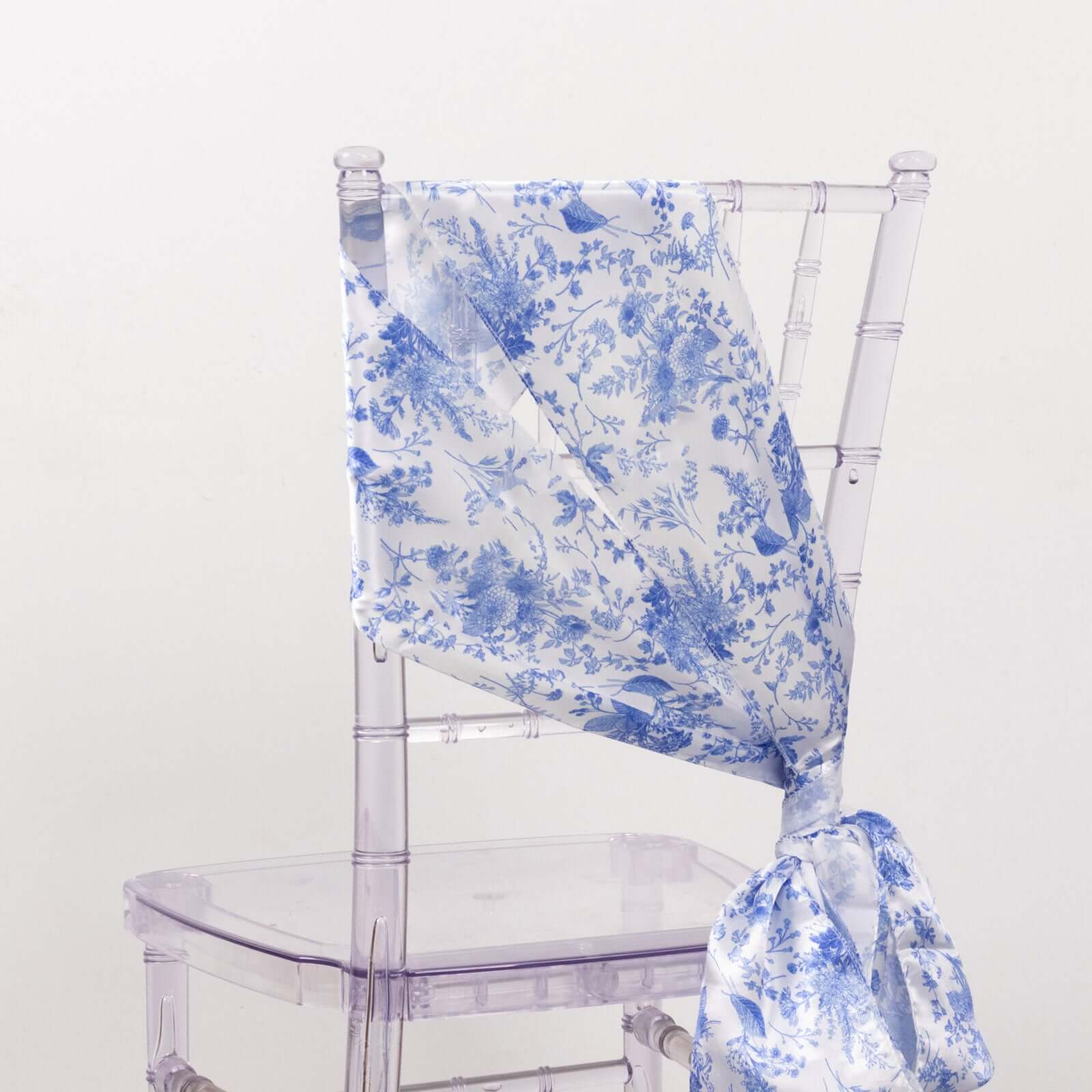 Special Offer! 5-Piece Set of Wrinkle-Resistant, Reusable Satin Chair Sashes in White/Blue French Toile Floral Design