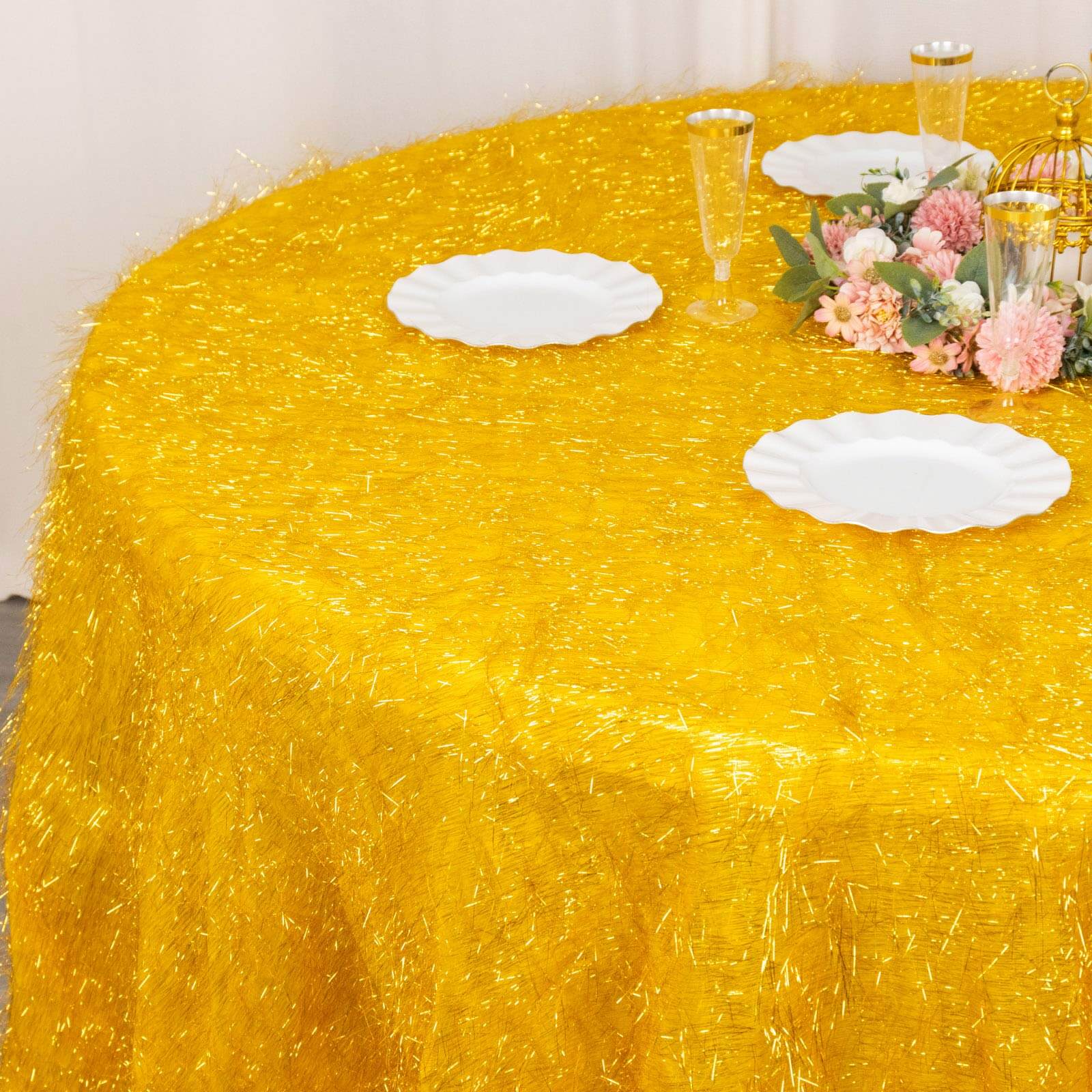 120-Inch Round Gold Polyester Tablecloth with Metallic Fringe for Weddings and Events
