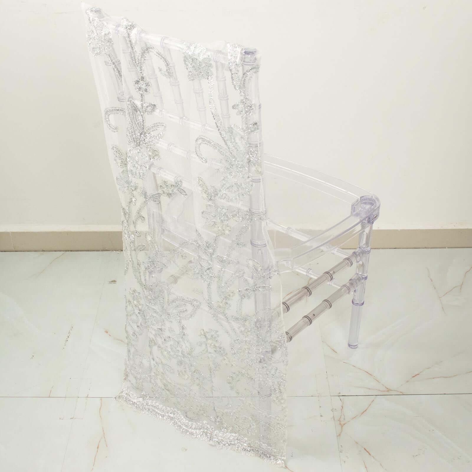 White Organza Chiavari Chair Slipcover with Floral Sequin Embroidery - Ideal for Weddings