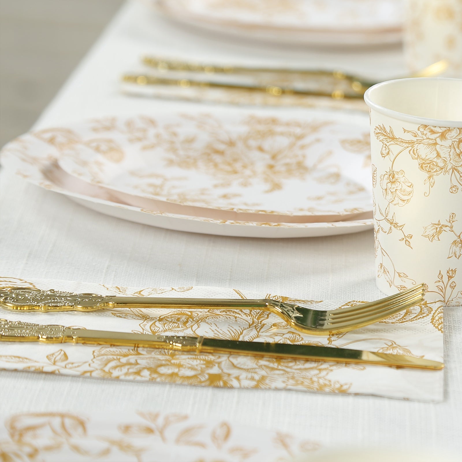 50-Piece 2-Ply White Paper Dinner Napkins with Gold French Toile Floral Design - Ideal for Events
