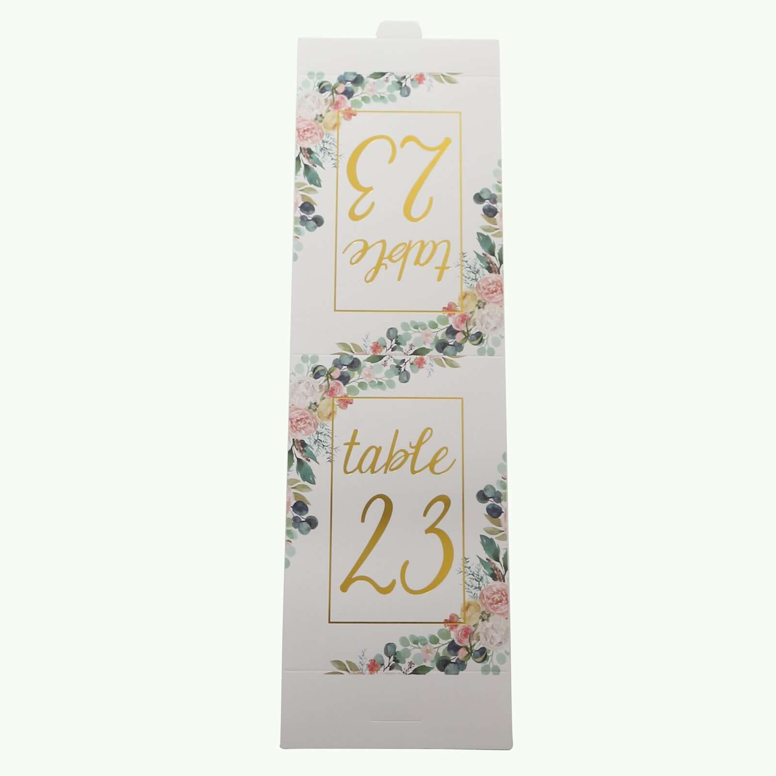Get 25-Pack Free-Standing Double-Sided Wedding Table Numbers 1-25 with White Peony & Gold Foil Design