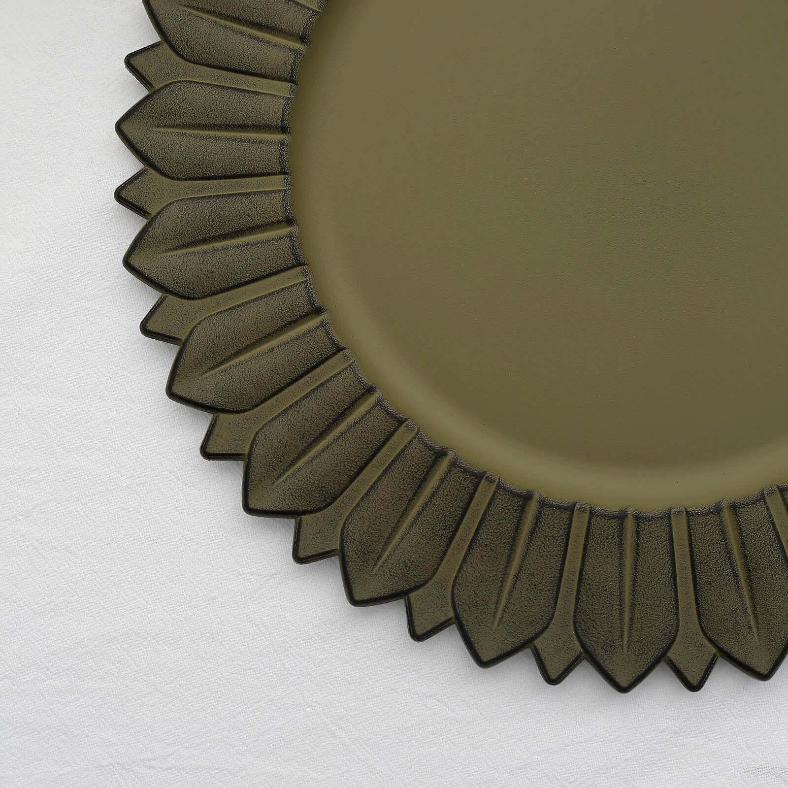 6-Piece Set of 13-Inch Matte Olive Green Plastic Round Charger Plates with Sunflower Rim